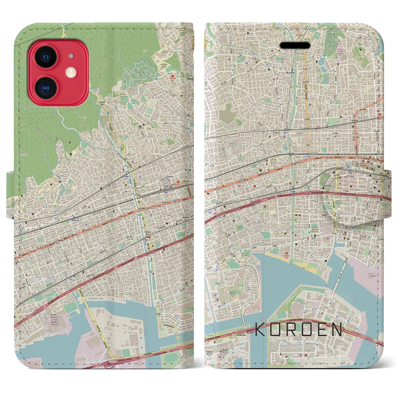 【香櫨園】地図柄iPhoneケース（手帳両面タイプ・ナチュラル）iPhone 11 用