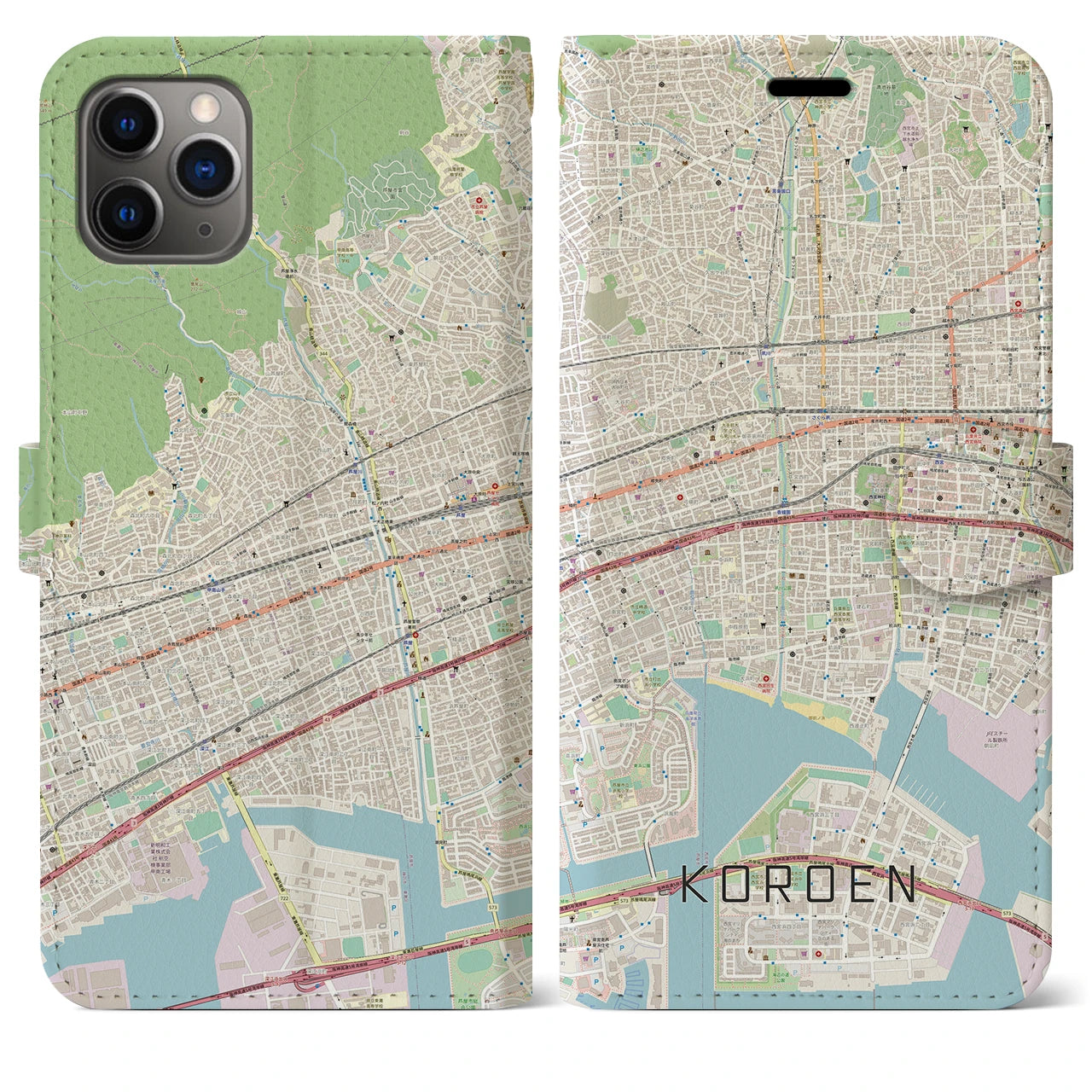 【香櫨園】地図柄iPhoneケース（手帳両面タイプ・ナチュラル）iPhone 11 Pro Max 用