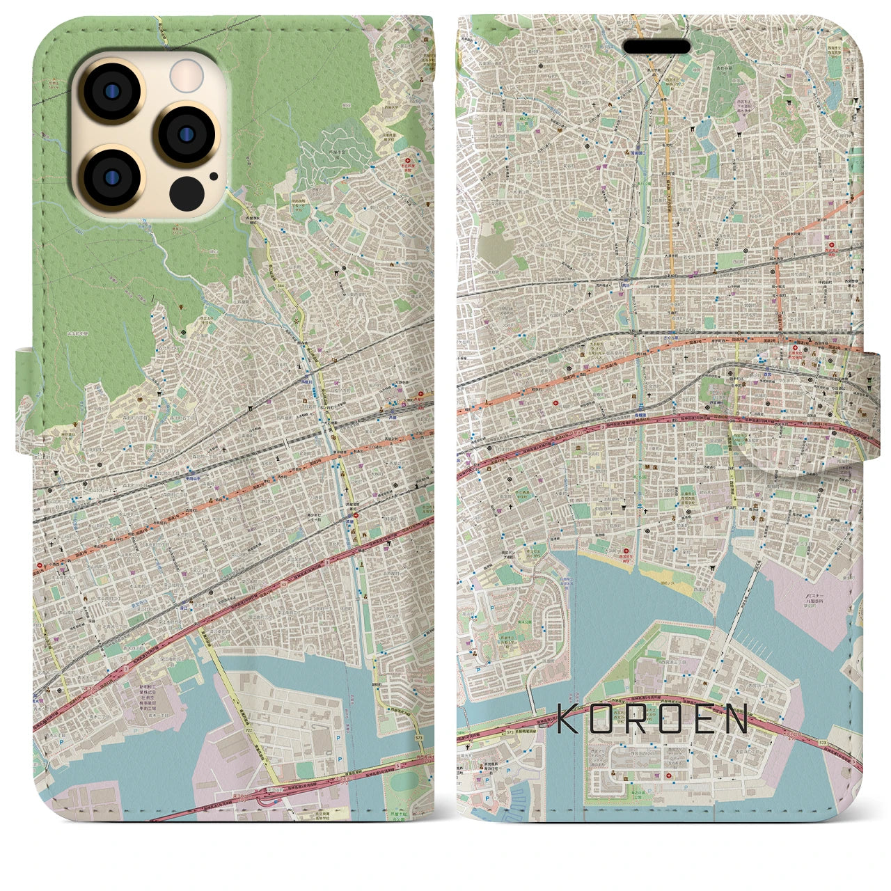 【香櫨園】地図柄iPhoneケース（手帳両面タイプ・ナチュラル）iPhone 12 Pro Max 用