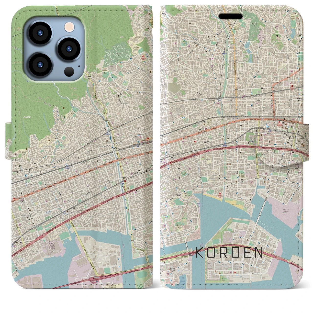 【香櫨園】地図柄iPhoneケース（手帳両面タイプ・ナチュラル）iPhone 13 Pro Max 用