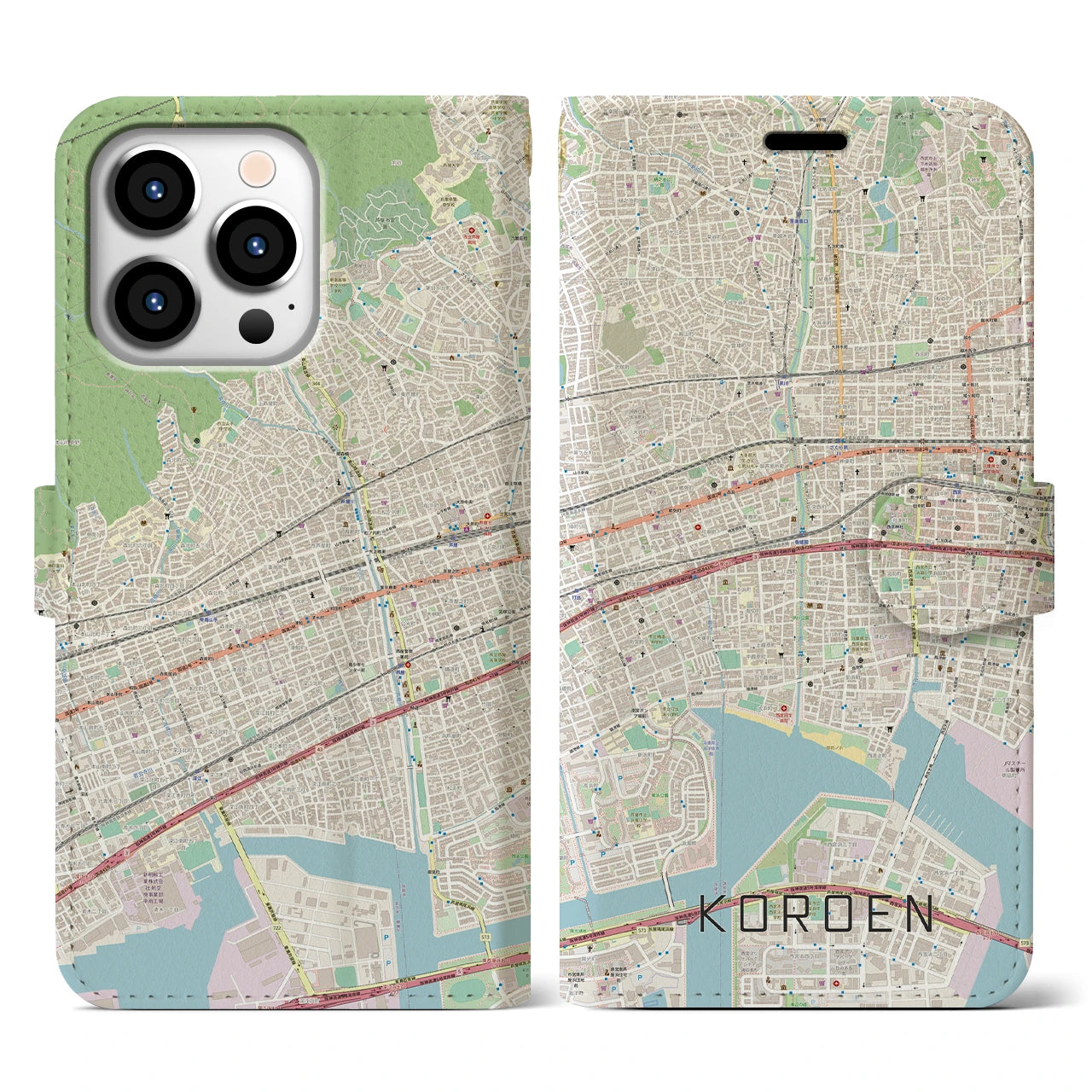 【香櫨園】地図柄iPhoneケース（手帳両面タイプ・ナチュラル）iPhone 13 Pro 用