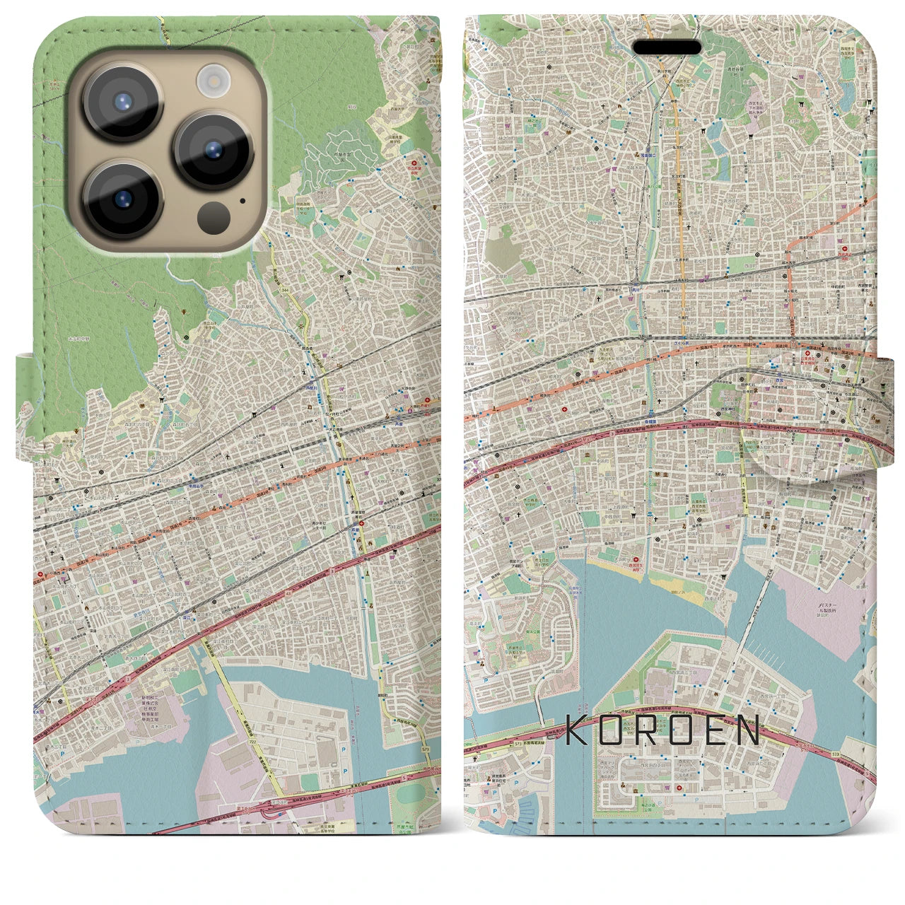 【香櫨園】地図柄iPhoneケース（手帳両面タイプ・ナチュラル）iPhone 14 Pro Max 用