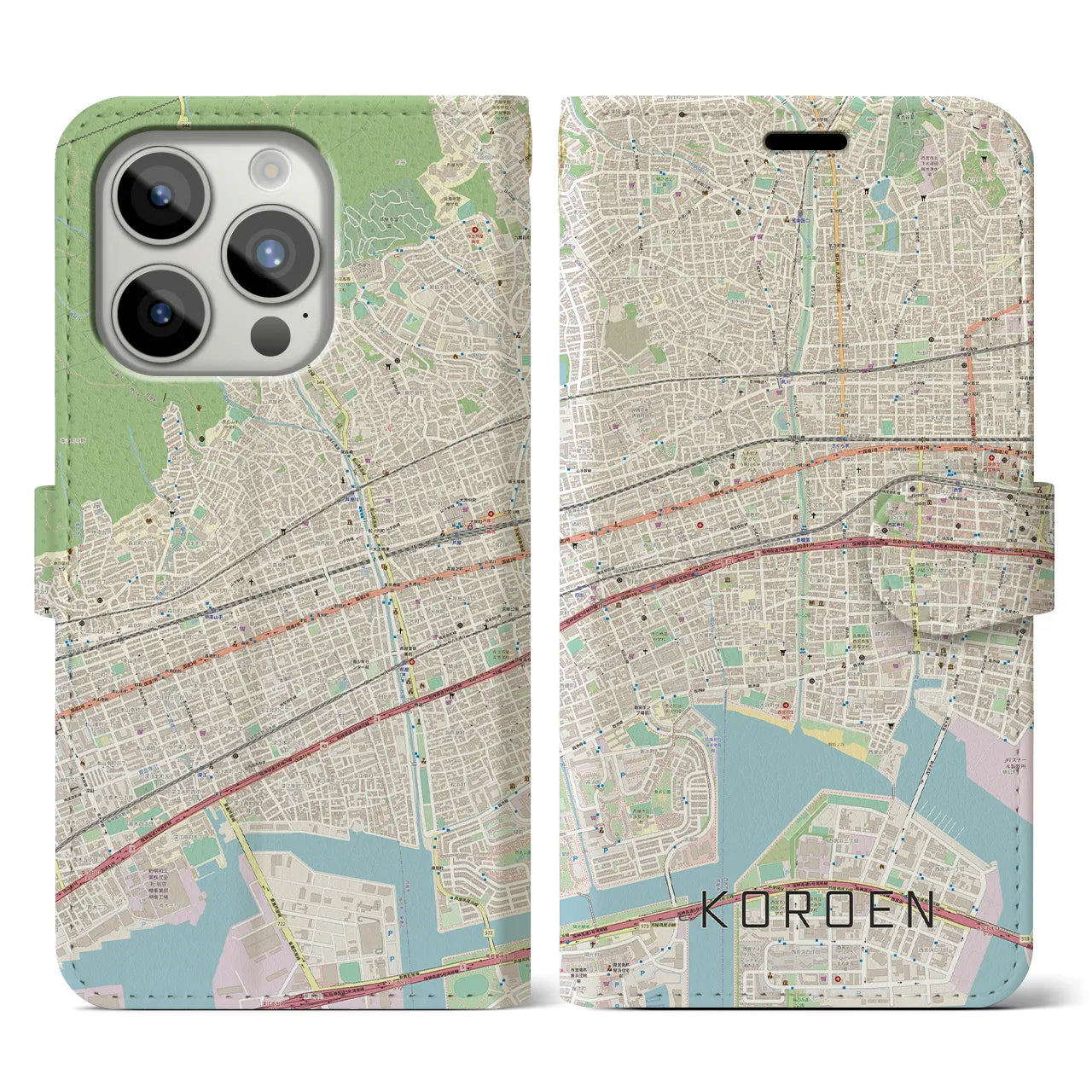 【香櫨園】地図柄iPhoneケース（手帳両面タイプ・ナチュラル）iPhone 15 Pro 用
