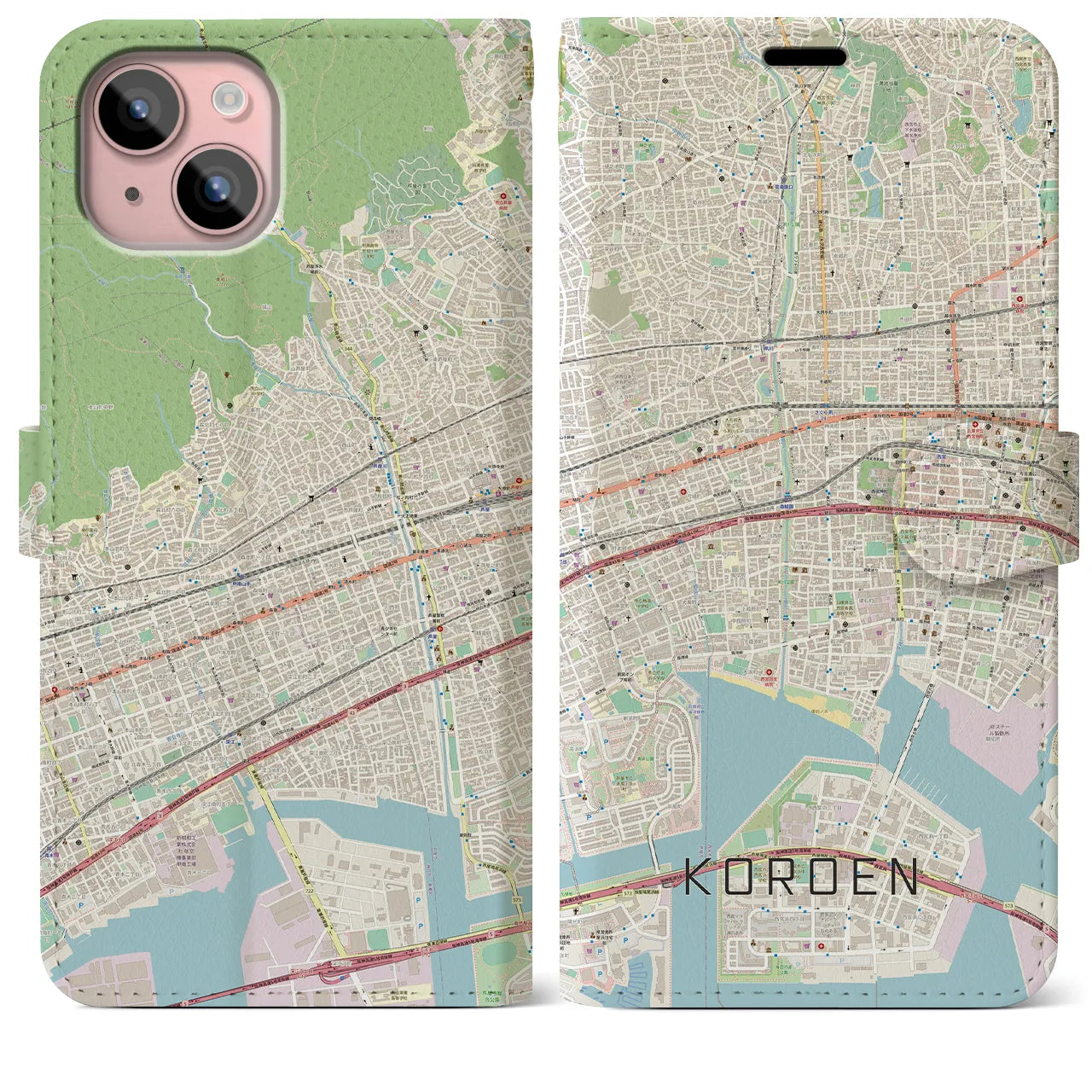 【香櫨園】地図柄iPhoneケース（手帳両面タイプ・ナチュラル）iPhone 15 Plus 用