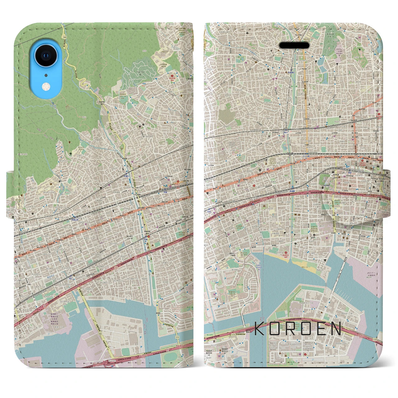 【香櫨園】地図柄iPhoneケース（手帳両面タイプ・ナチュラル）iPhone XR 用