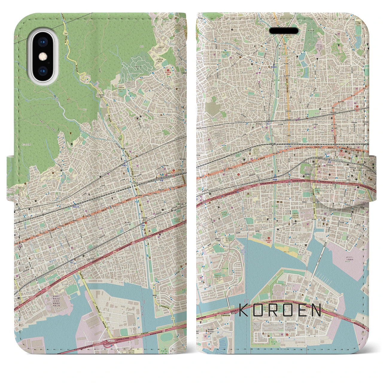 【香櫨園】地図柄iPhoneケース（手帳両面タイプ・ナチュラル）iPhone XS Max 用