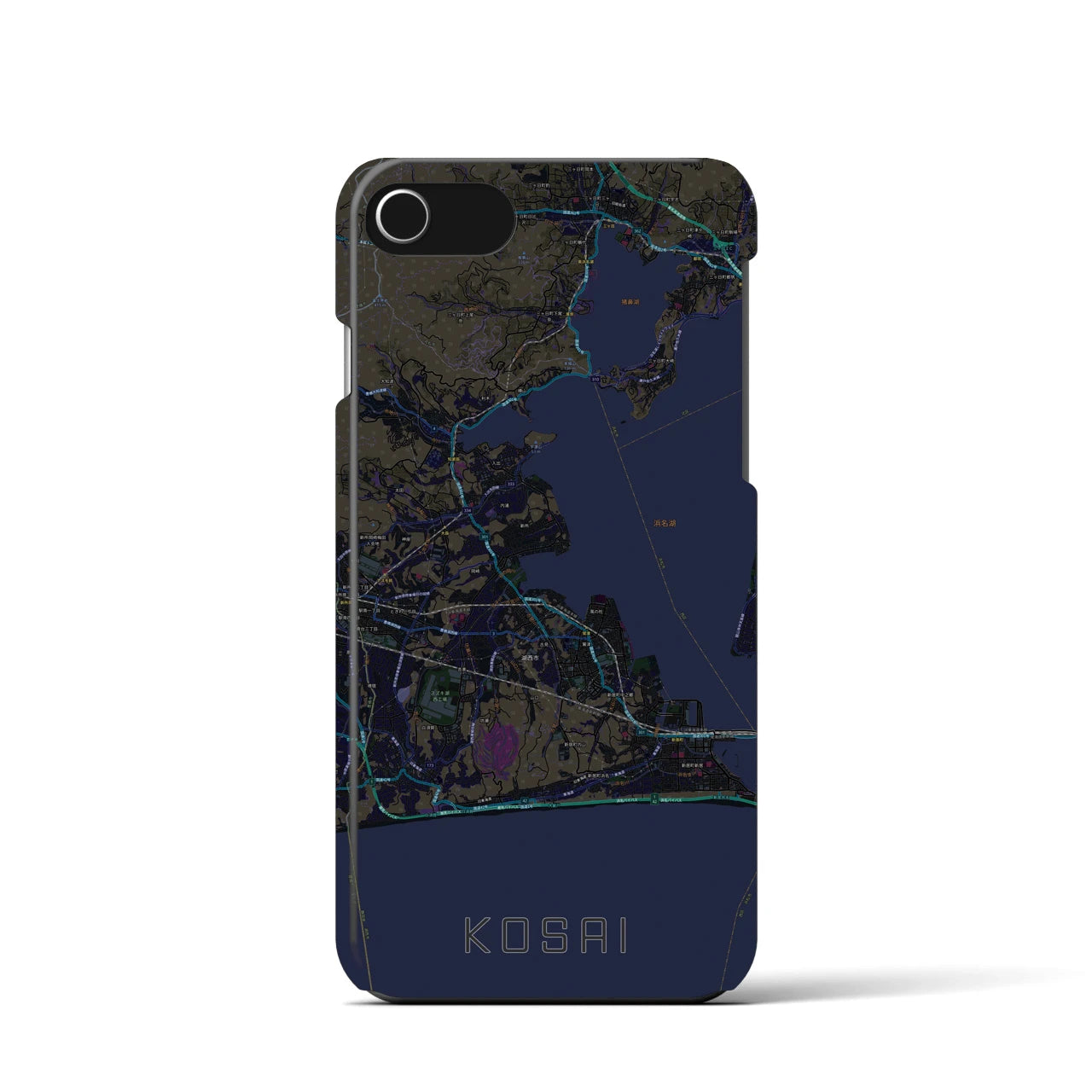 【湖西】地図柄iPhoneケース（バックカバータイプ・ブラック）iPhone SE（第3 / 第2世代） / 8 / 7 / 6s / 6 用