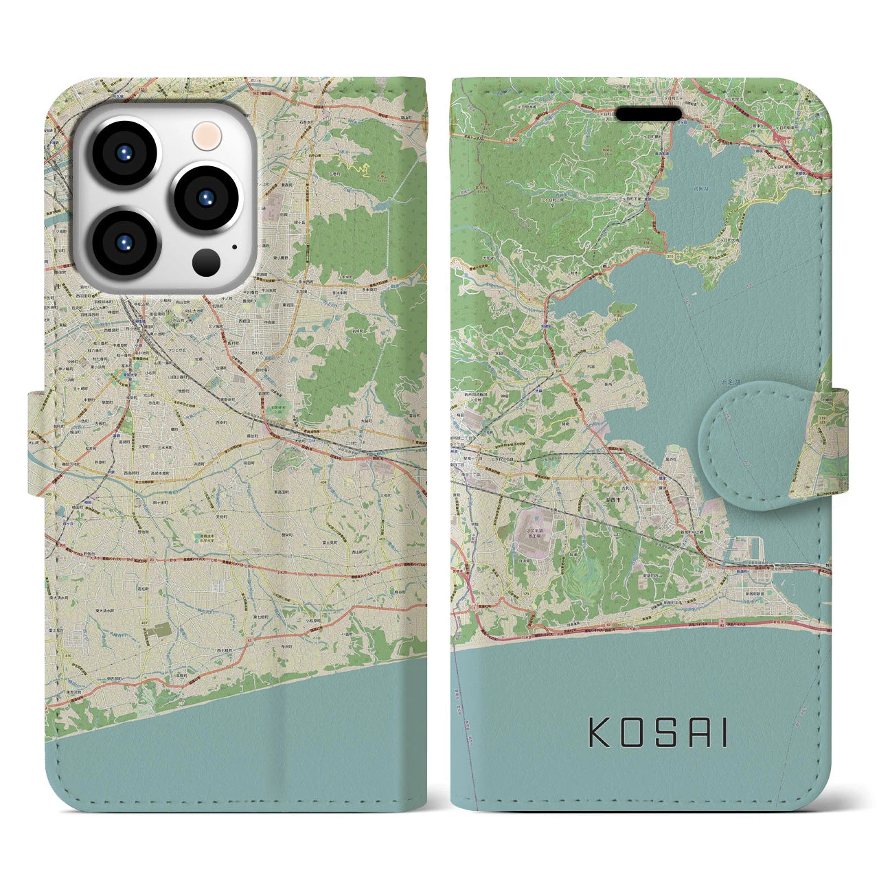 【湖西】地図柄iPhoneケース（手帳両面タイプ・ナチュラル）iPhone 13 Pro 用