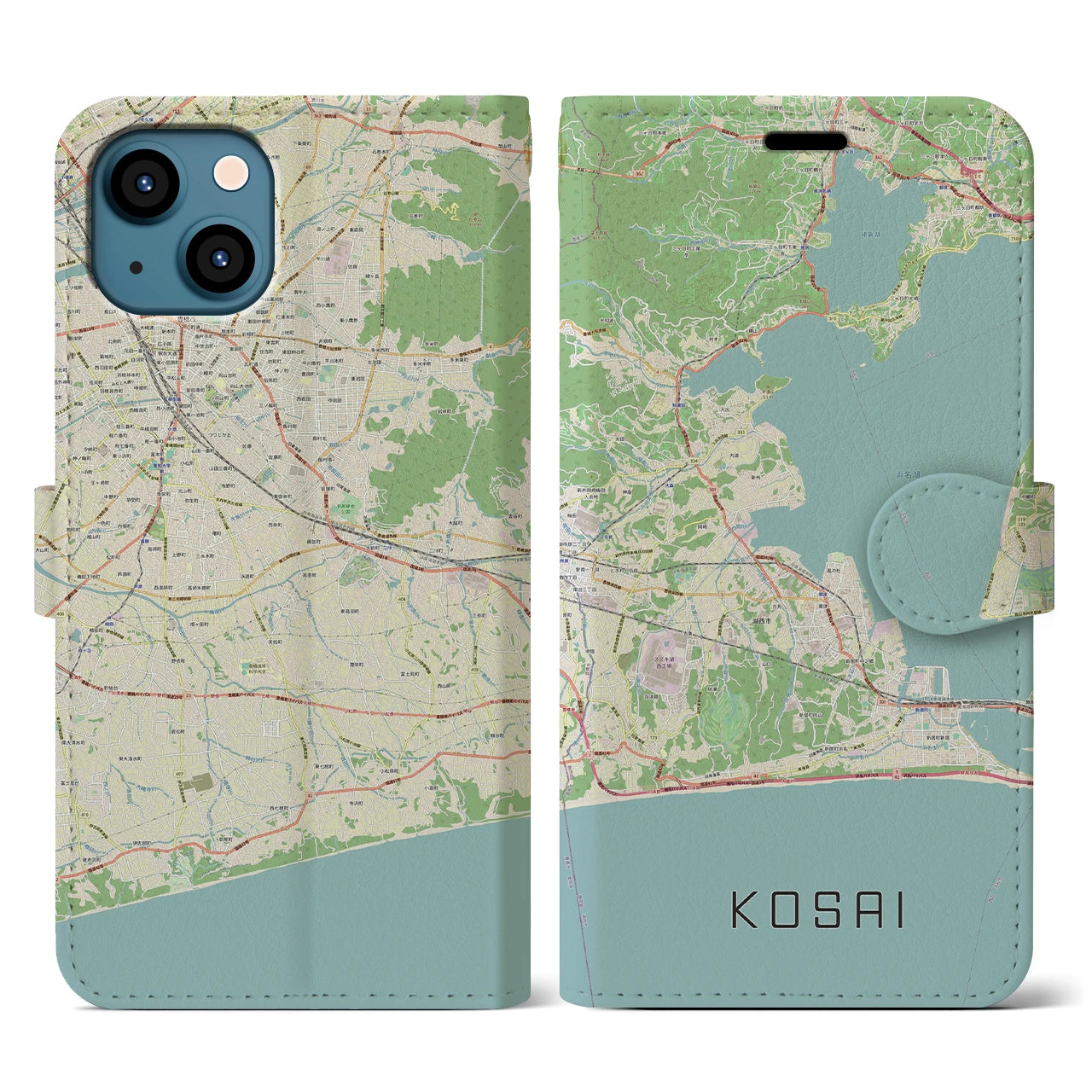 【湖西】地図柄iPhoneケース（手帳両面タイプ・ナチュラル）iPhone 13 用