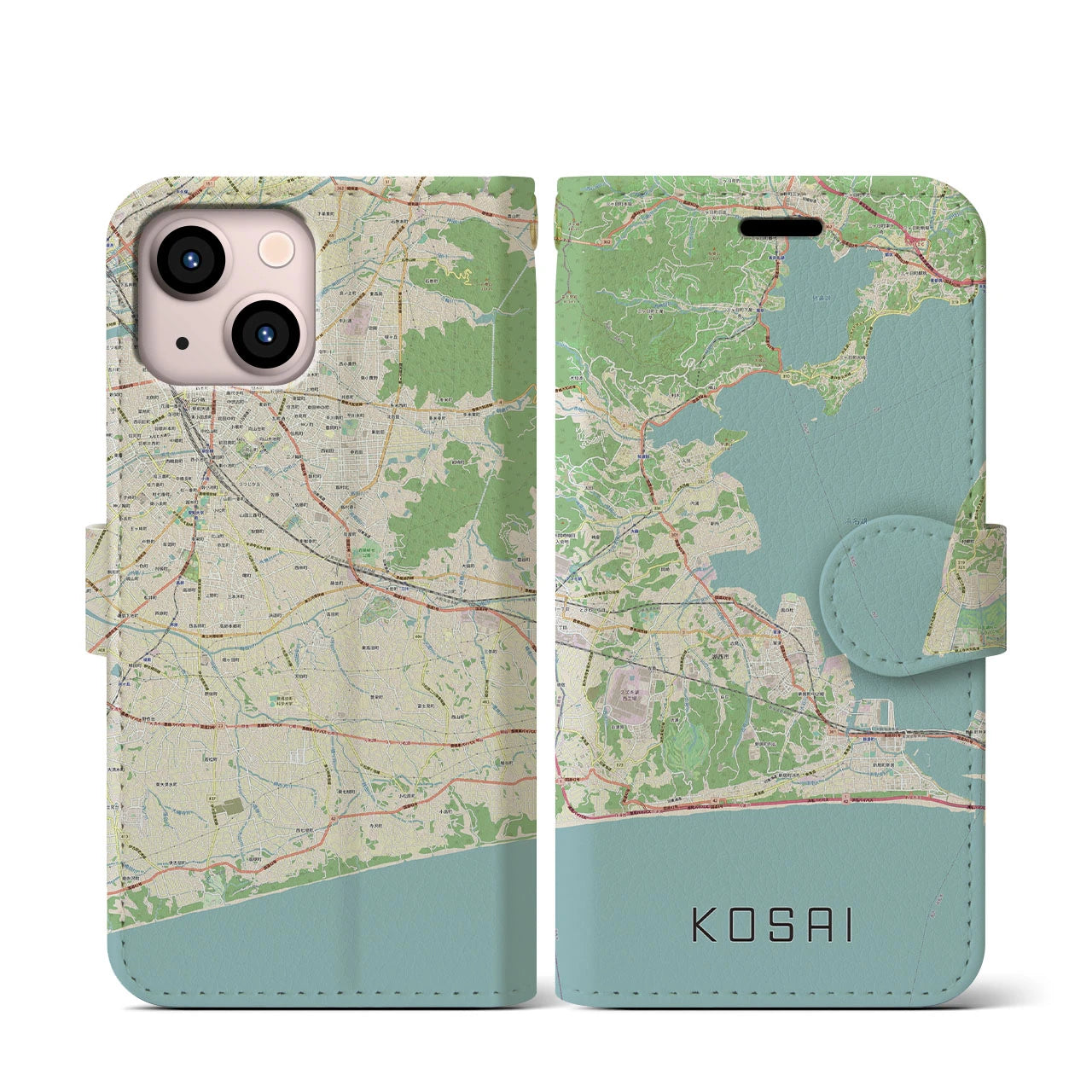 【湖西】地図柄iPhoneケース（手帳両面タイプ・ナチュラル）iPhone 13 mini 用