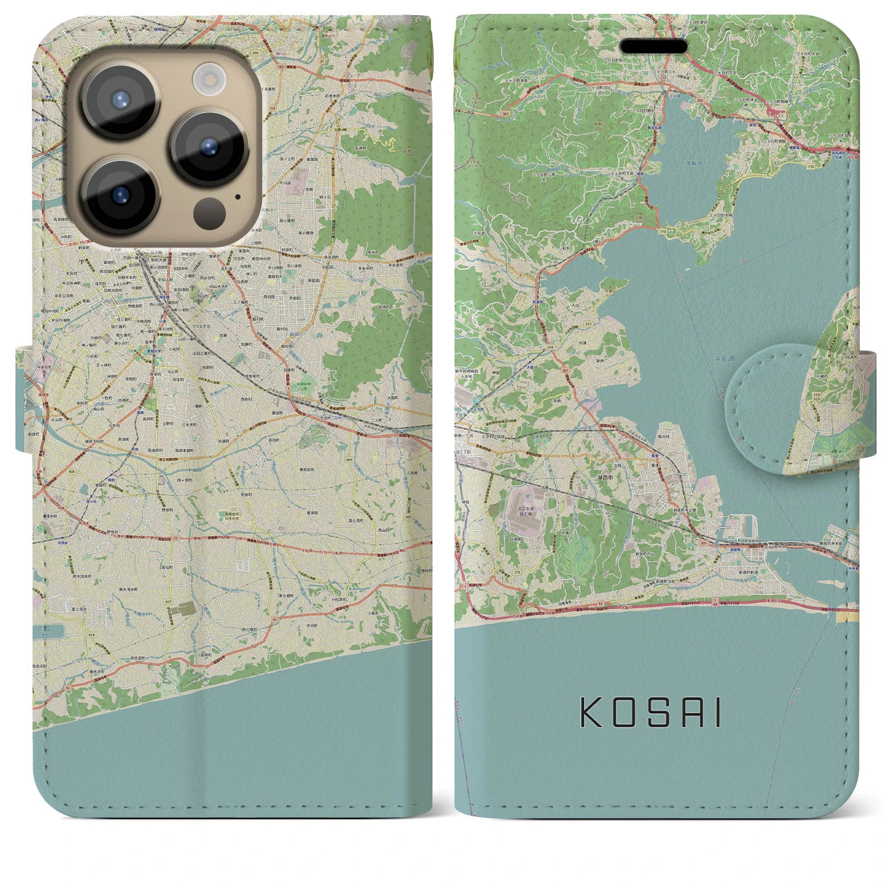 【湖西】地図柄iPhoneケース（手帳両面タイプ・ナチュラル）iPhone 14 Pro Max 用