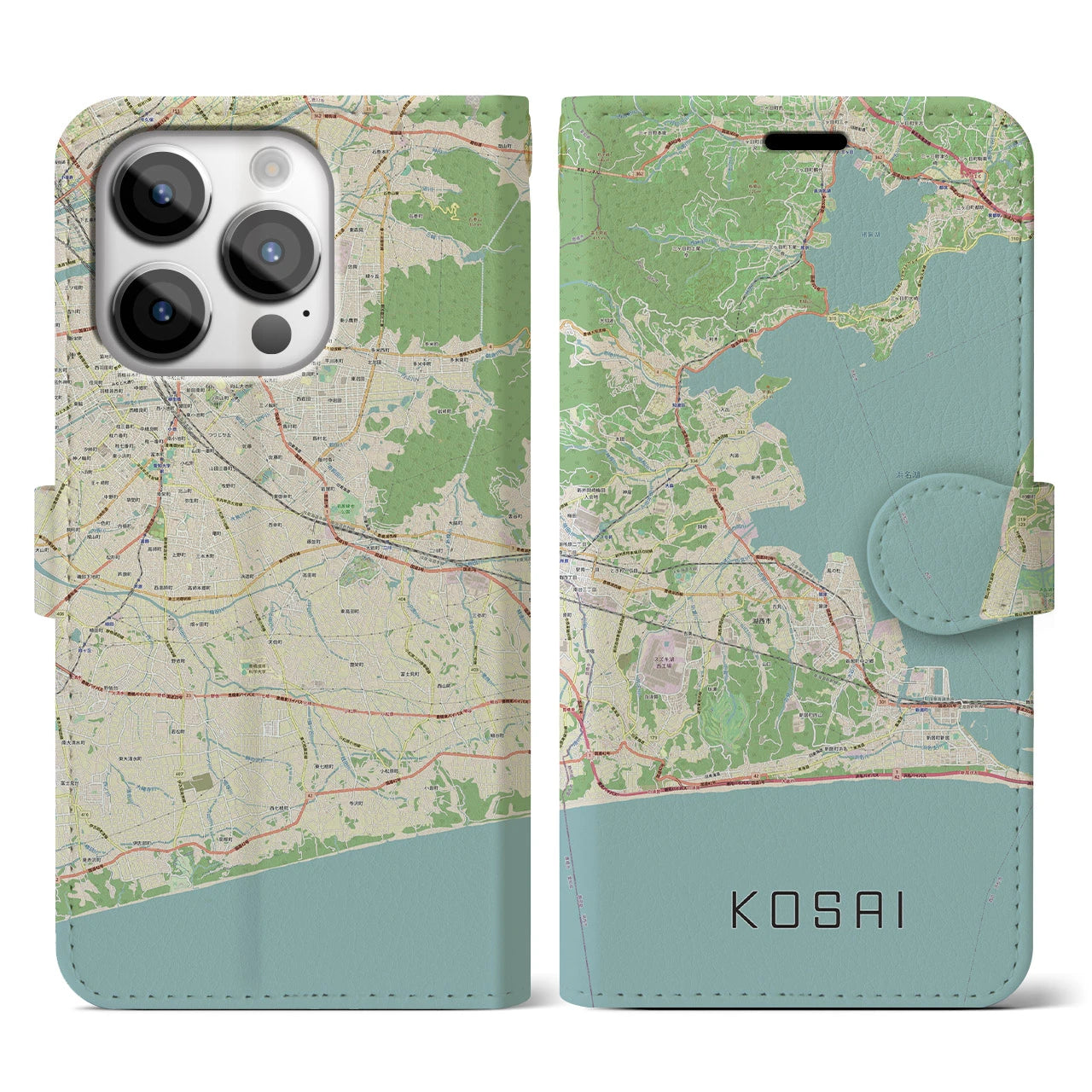 【湖西】地図柄iPhoneケース（手帳両面タイプ・ナチュラル）iPhone 14 Pro 用