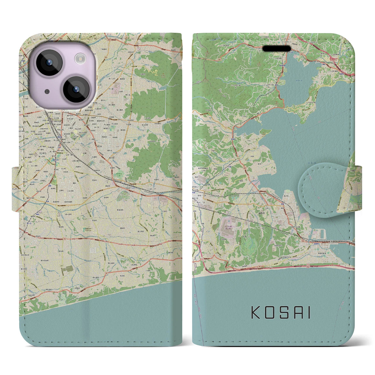 【湖西】地図柄iPhoneケース（手帳両面タイプ・ナチュラル）iPhone 14 用