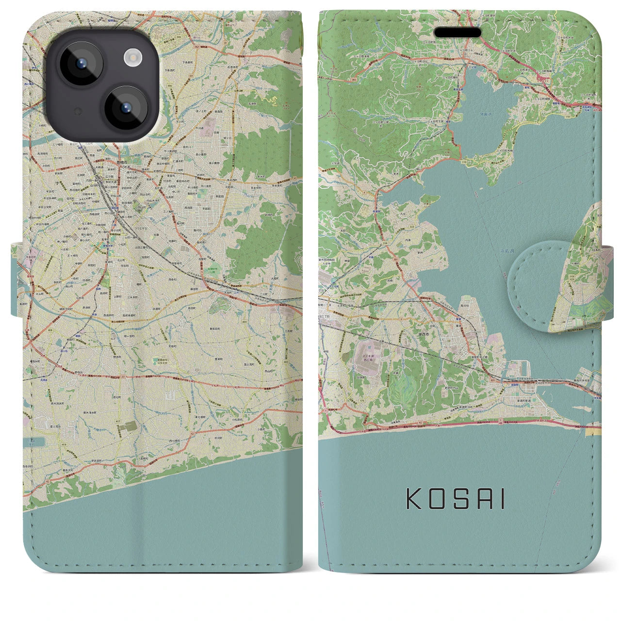 【湖西】地図柄iPhoneケース（手帳両面タイプ・ナチュラル）iPhone 14 Plus 用