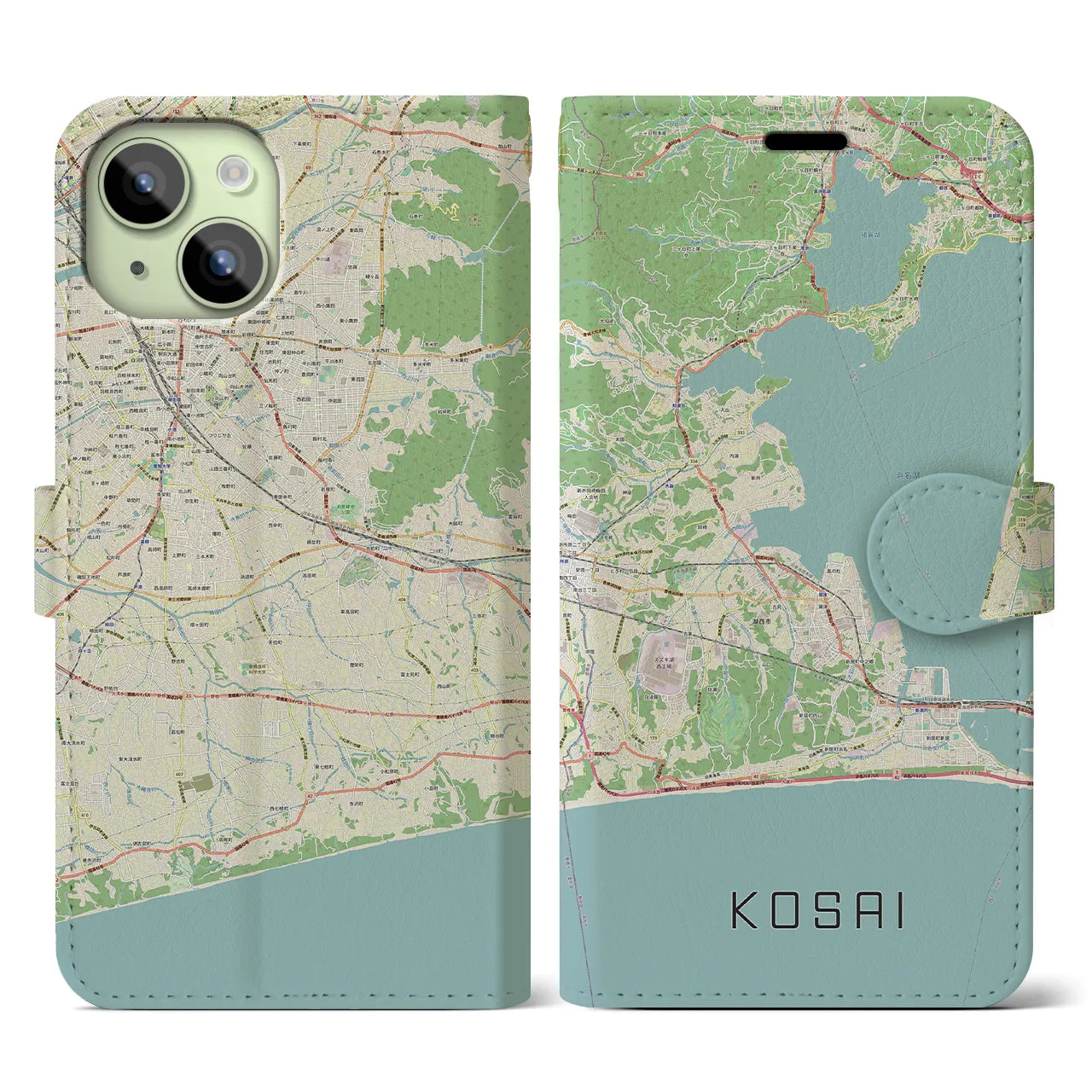 【湖西】地図柄iPhoneケース（手帳両面タイプ・ナチュラル）iPhone 15 用