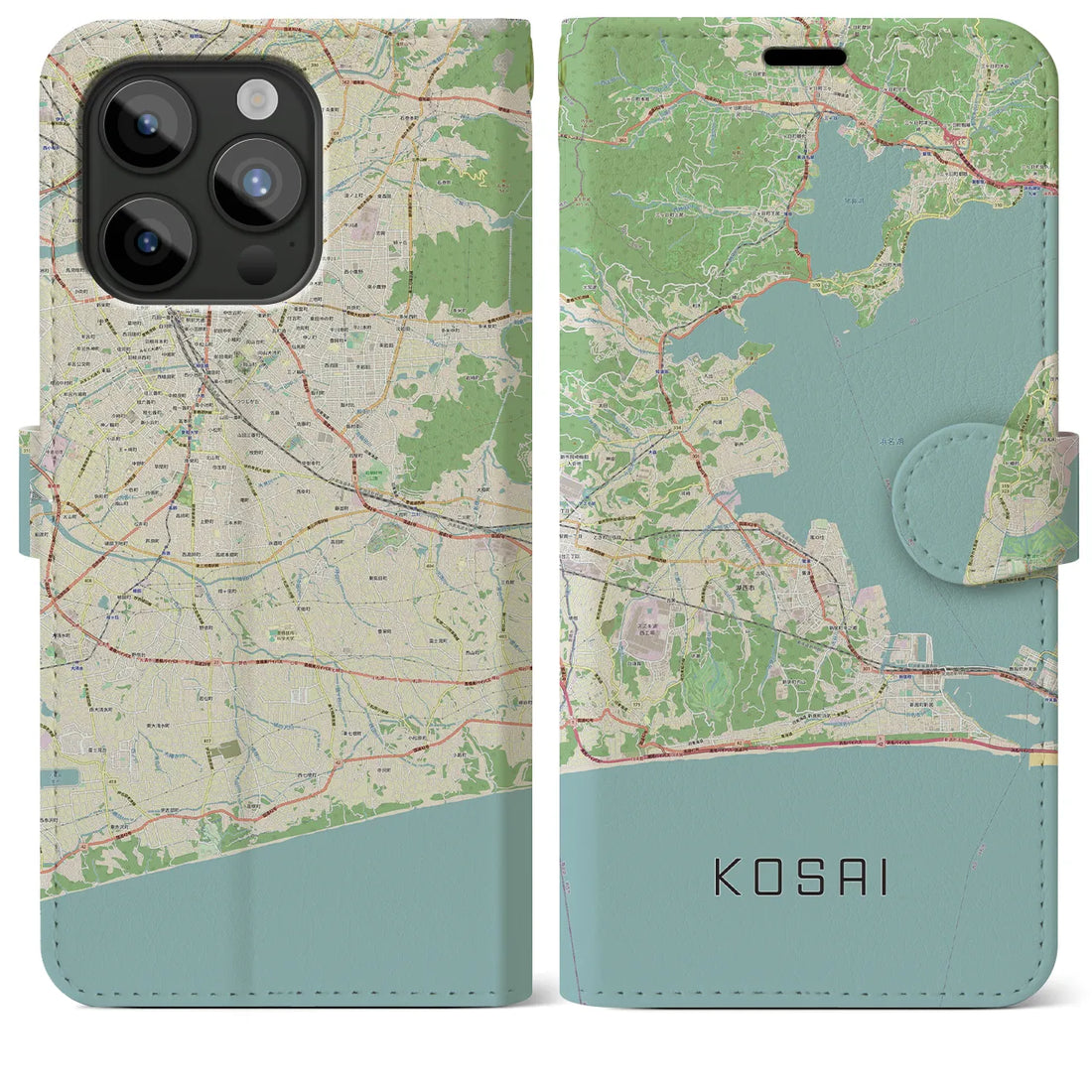 【湖西】地図柄iPhoneケース（手帳両面タイプ・ナチュラル）iPhone 15 Pro Max 用