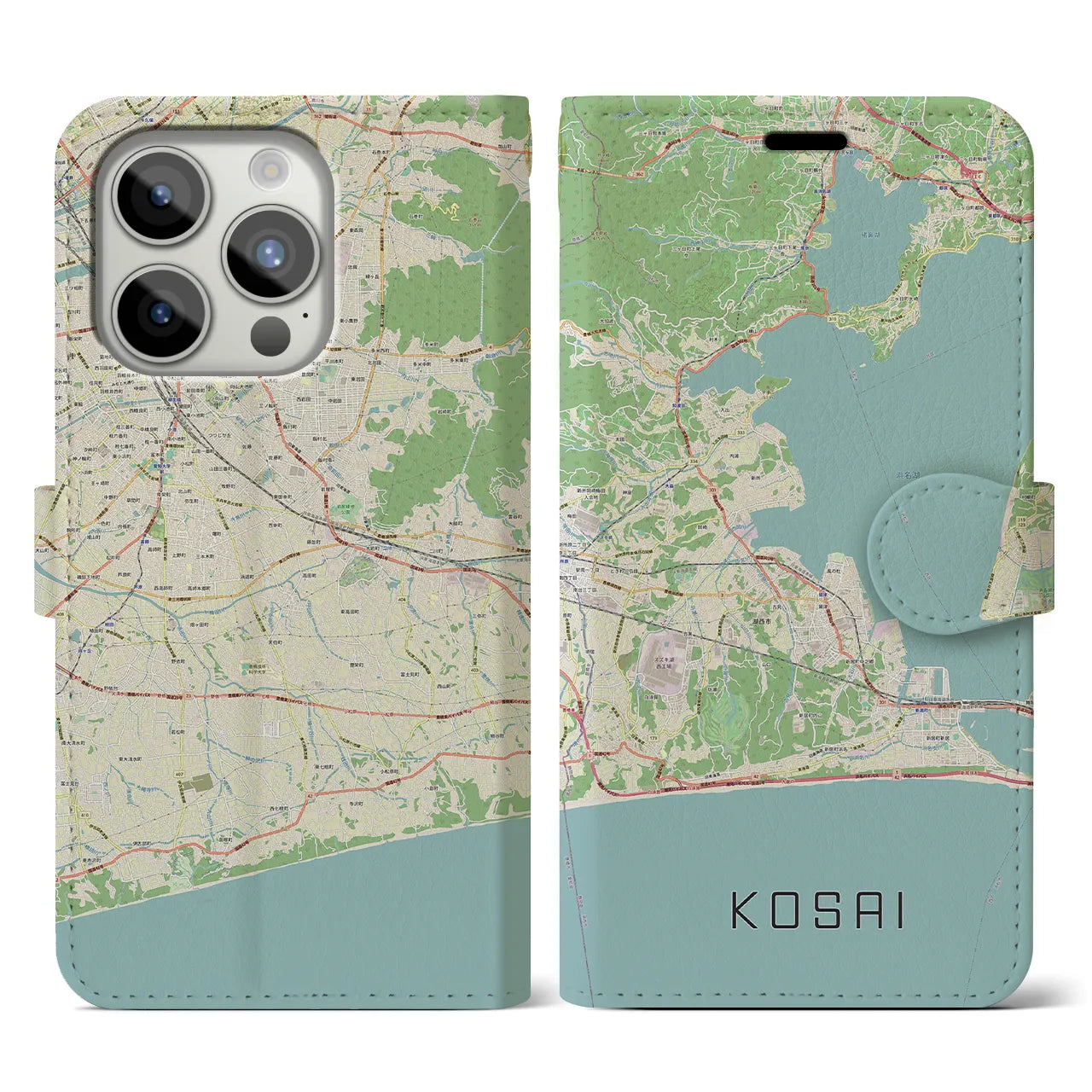 【湖西】地図柄iPhoneケース（手帳両面タイプ・ナチュラル）iPhone 15 Pro 用