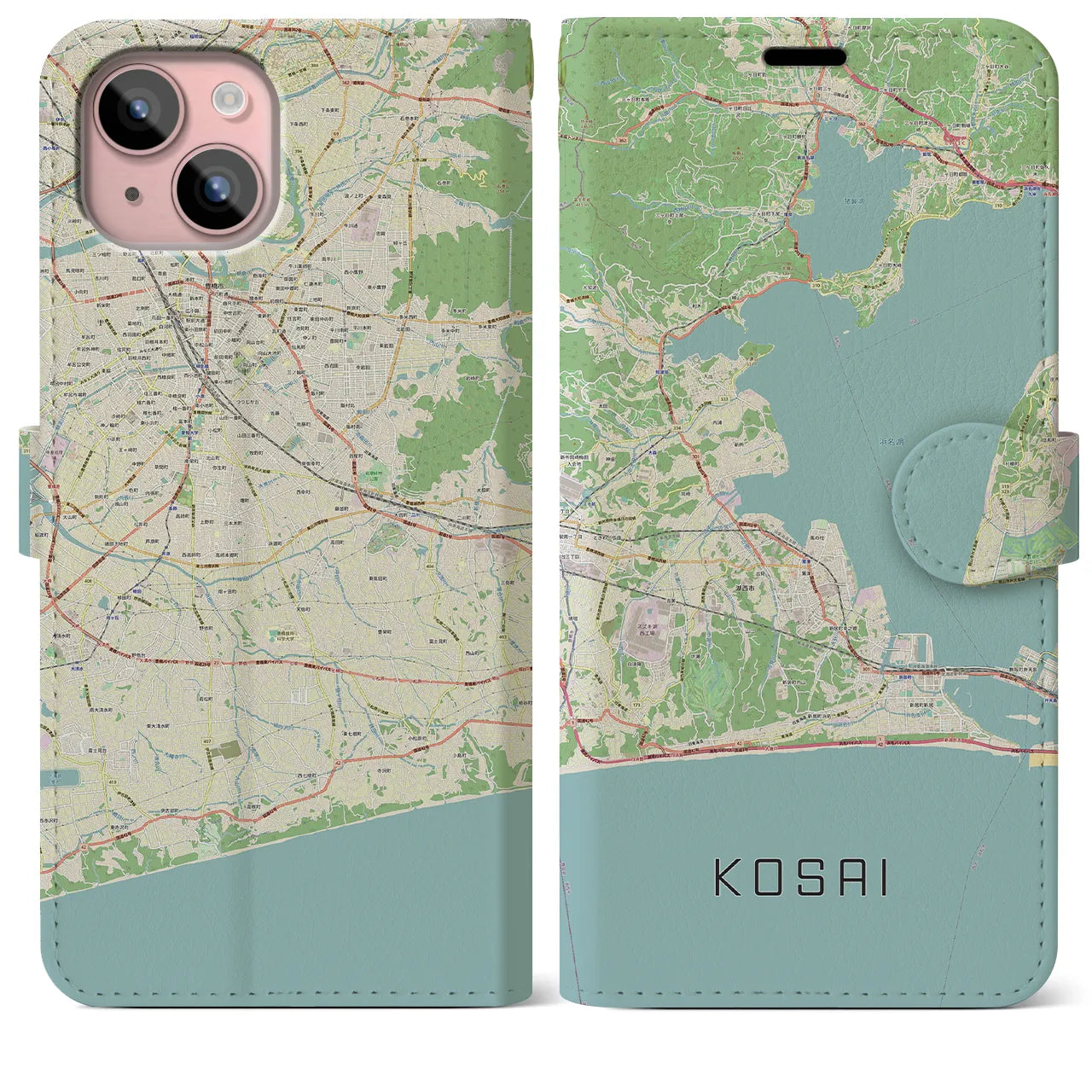 【湖西】地図柄iPhoneケース（手帳両面タイプ・ナチュラル）iPhone 15 Plus 用
