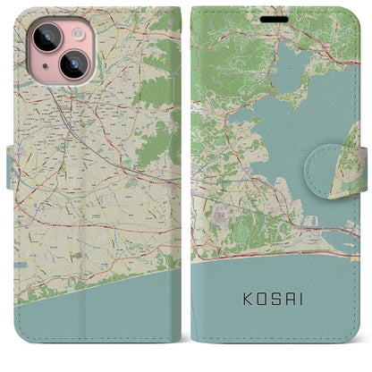 【湖西（静岡県）】地図柄iPhoneケース（手帳タイプ）ナチュラル・iPhone 15 Plus 用