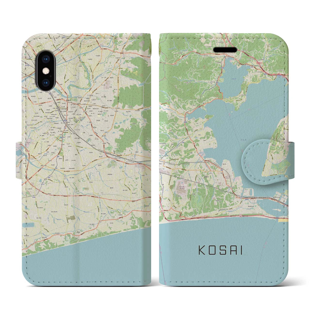 【湖西】地図柄iPhoneケース（手帳両面タイプ・ナチュラル）iPhone XS / X 用