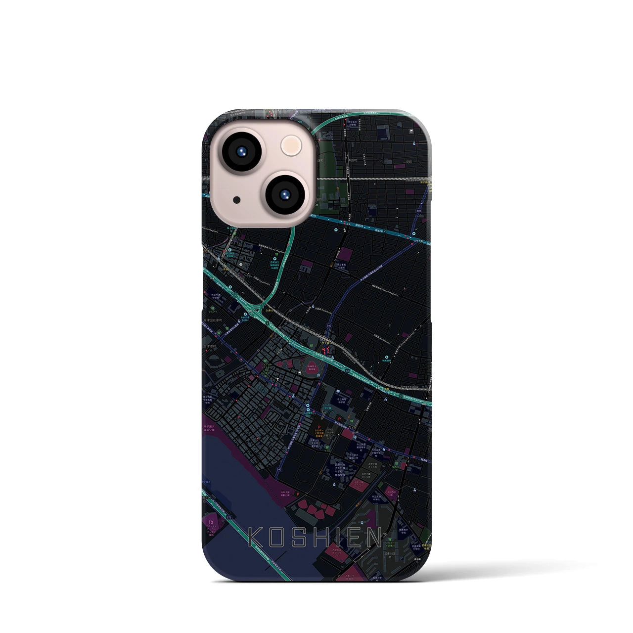 【甲子園】地図柄iPhoneケース（バックカバータイプ・ブラック）iPhone 13 mini 用