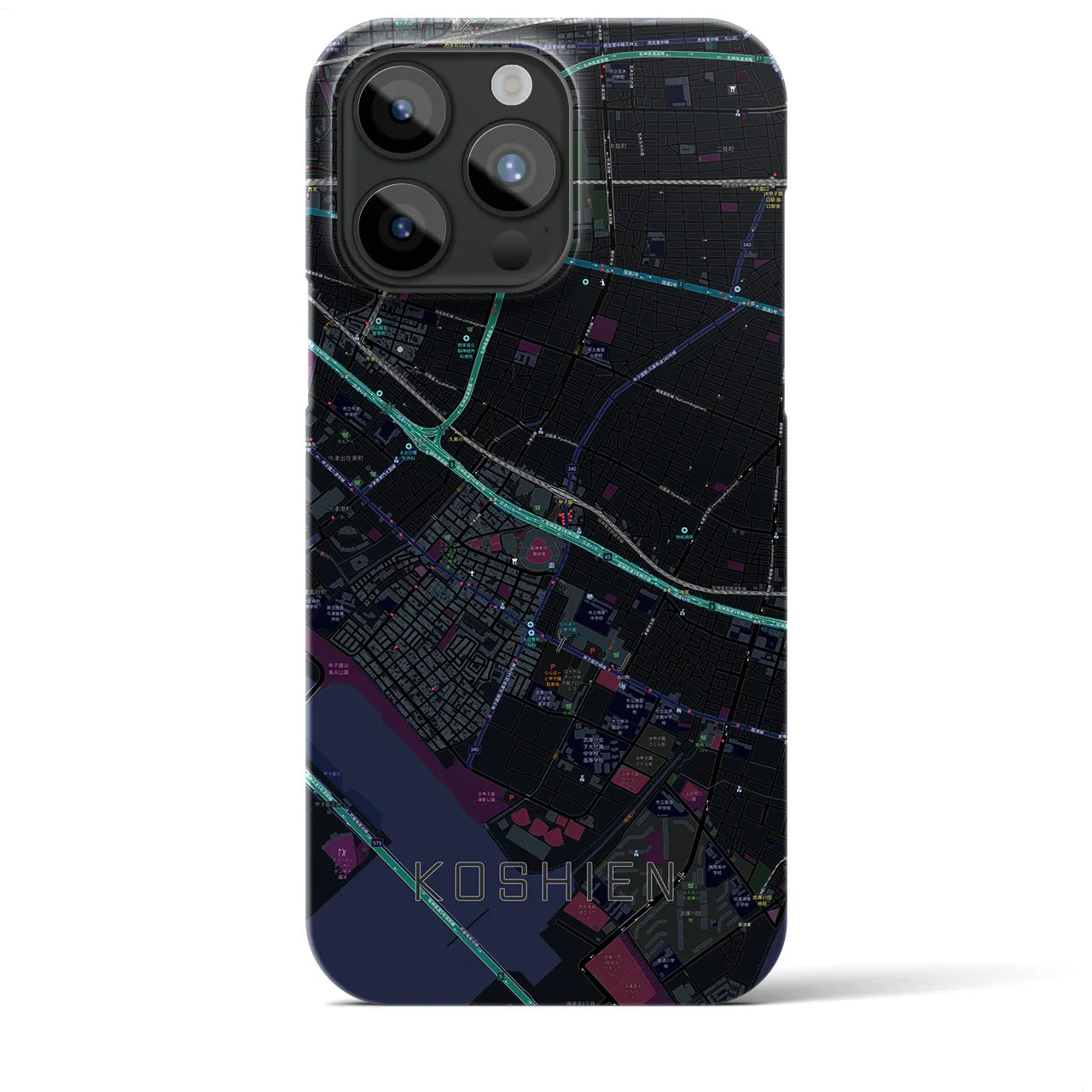 【甲子園】地図柄iPhoneケース（バックカバータイプ・ブラック）iPhone 15 Pro Max 用