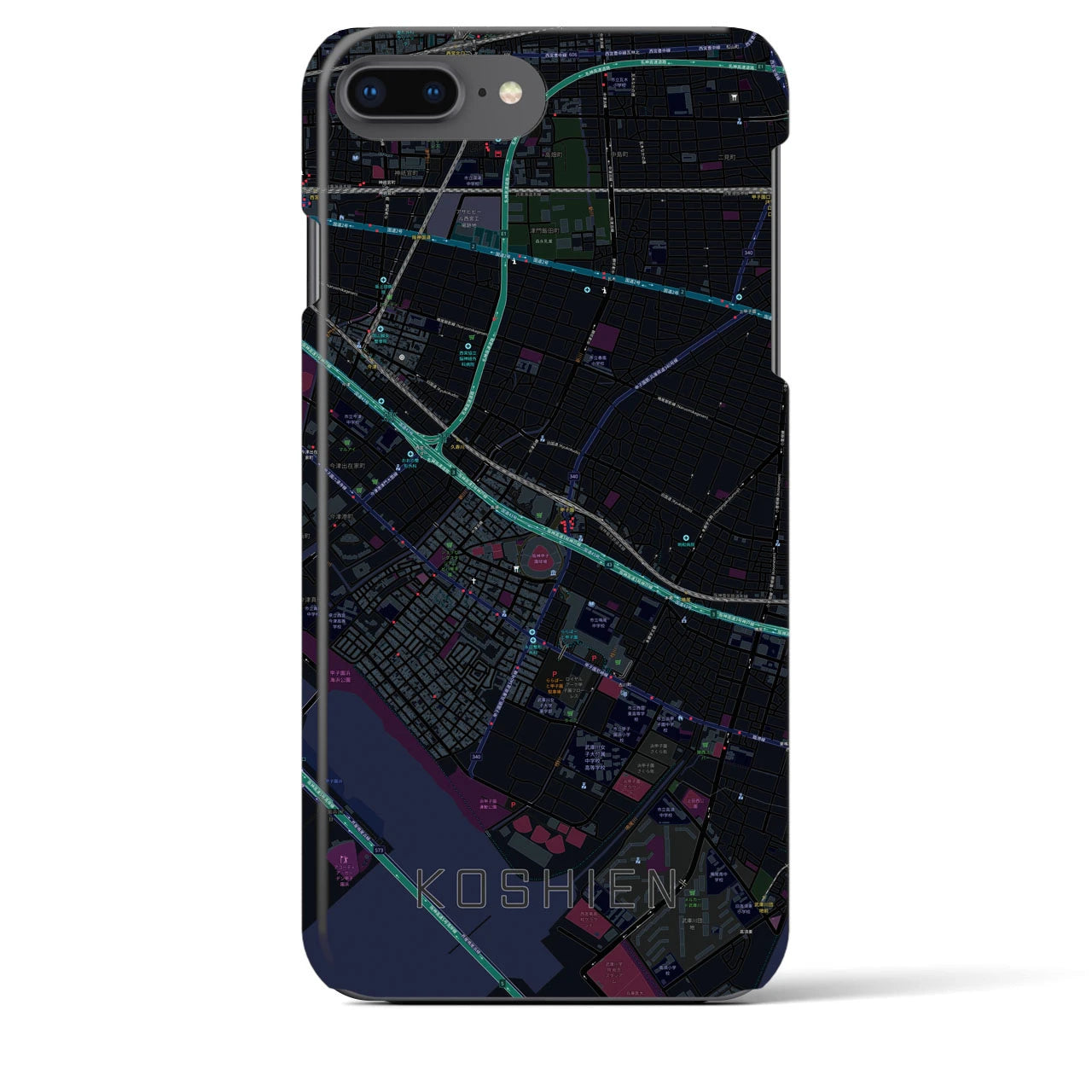 【甲子園】地図柄iPhoneケース（バックカバータイプ・ブラック）iPhone 8Plus /7Plus / 6sPlus / 6Plus 用
