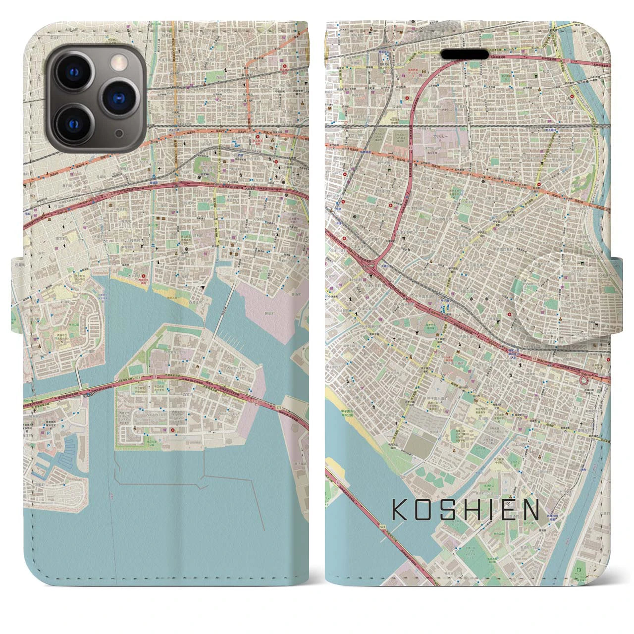 【甲子園】地図柄iPhoneケース（手帳両面タイプ・ナチュラル）iPhone 11 Pro Max 用