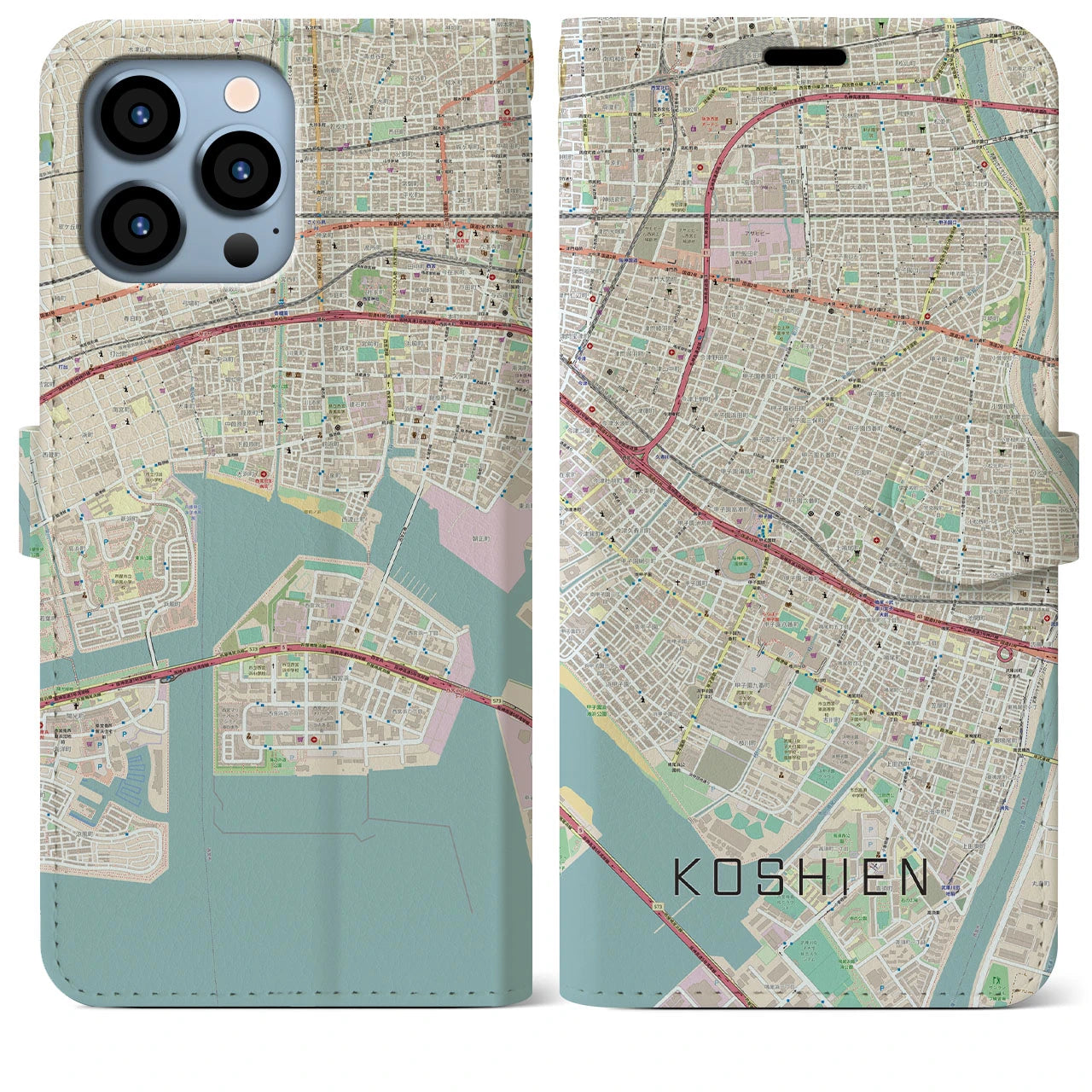 【甲子園】地図柄iPhoneケース（手帳両面タイプ・ナチュラル）iPhone 13 Pro Max 用