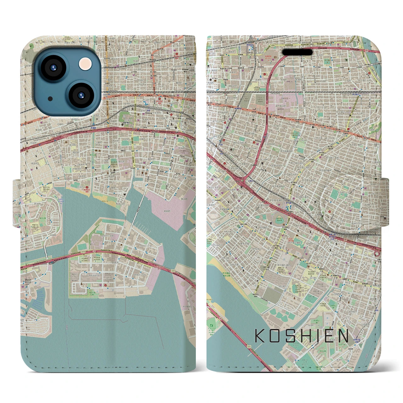 【甲子園】地図柄iPhoneケース（手帳両面タイプ・ナチュラル）iPhone 13 用