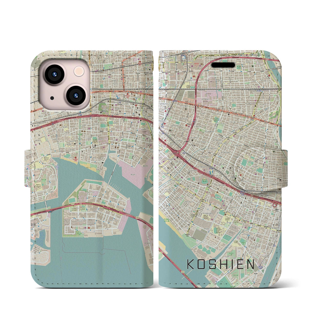 【甲子園】地図柄iPhoneケース（手帳両面タイプ・ナチュラル）iPhone 13 mini 用