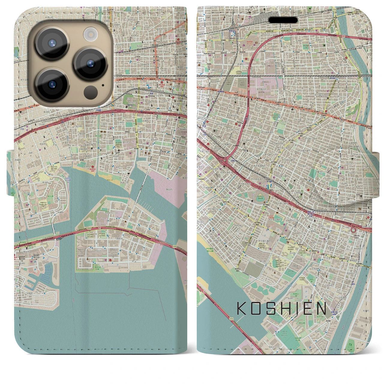 【甲子園】地図柄iPhoneケース（手帳両面タイプ・ナチュラル）iPhone 14 Pro Max 用