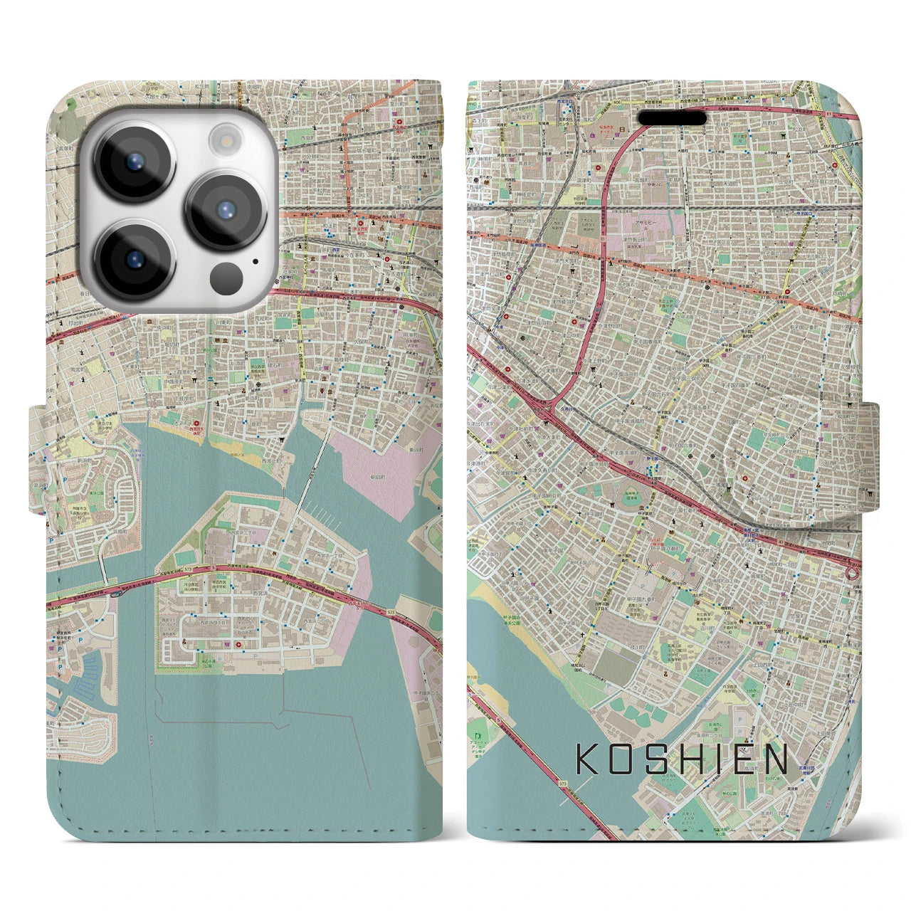 【甲子園】地図柄iPhoneケース（手帳両面タイプ・ナチュラル）iPhone 14 Pro 用