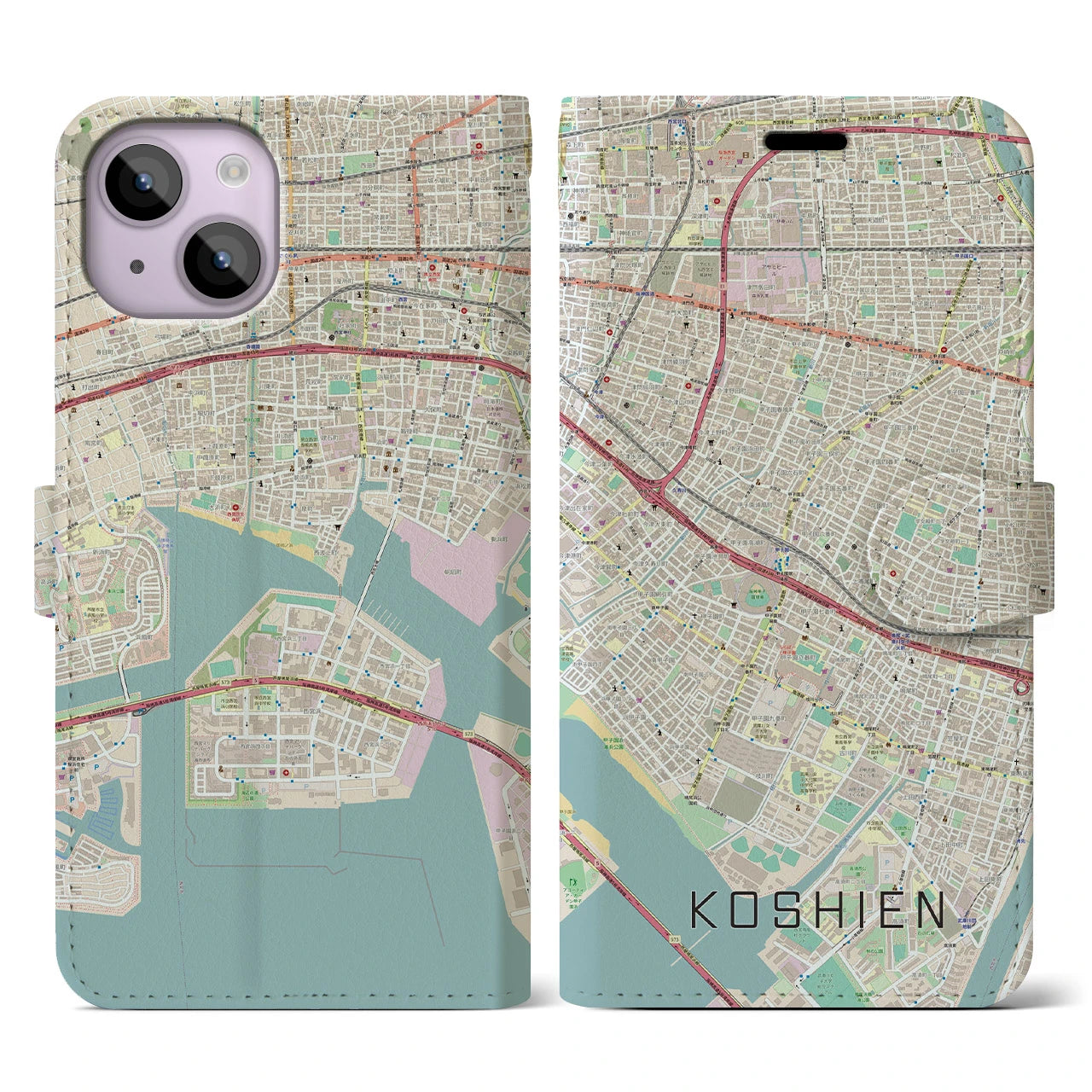 【甲子園】地図柄iPhoneケース（手帳両面タイプ・ナチュラル）iPhone 14 用