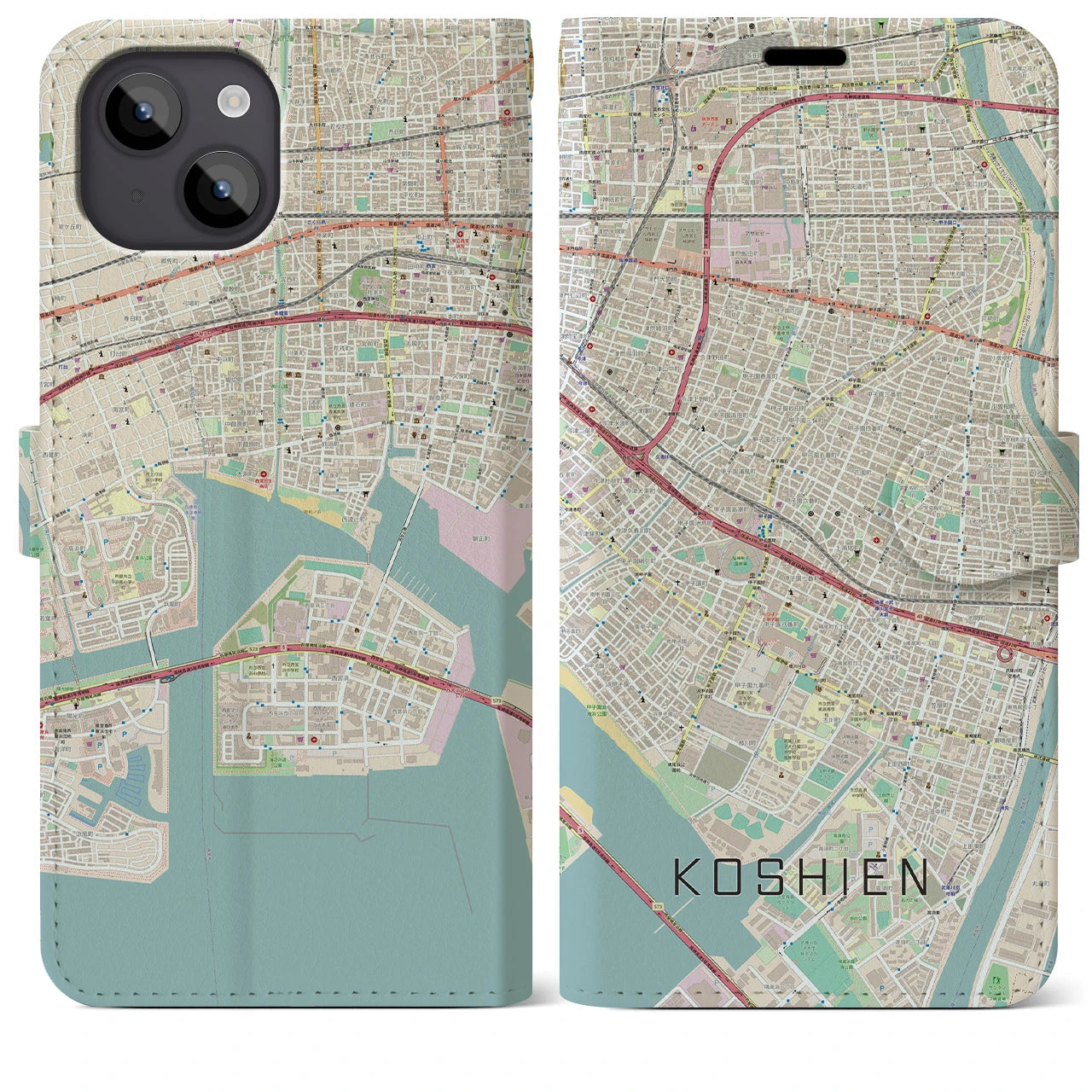 【甲子園】地図柄iPhoneケース（手帳両面タイプ・ナチュラル）iPhone 14 Plus 用