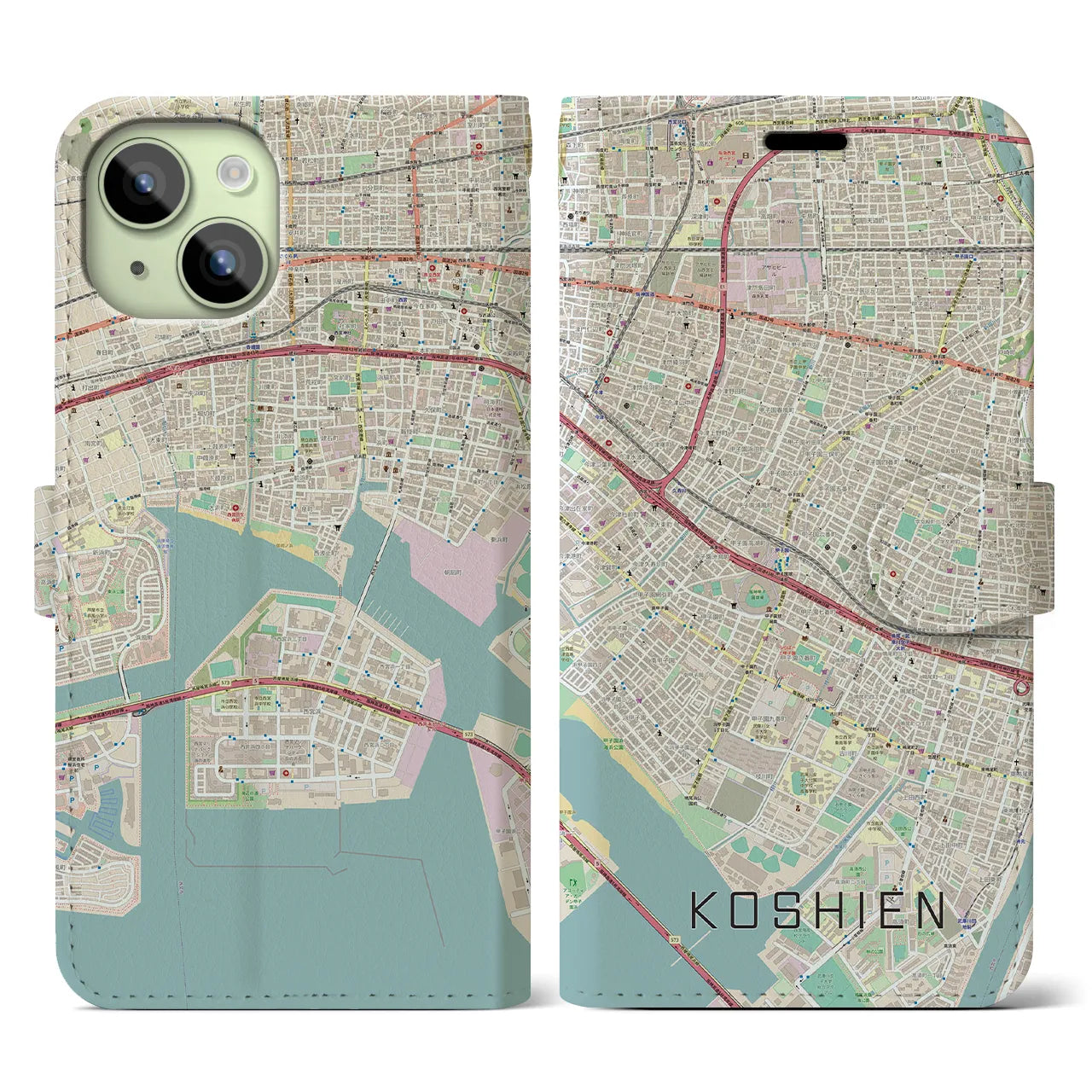 【甲子園】地図柄iPhoneケース（手帳両面タイプ・ナチュラル）iPhone 15 用