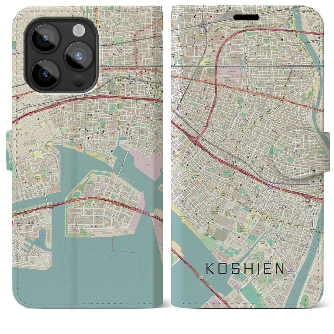 【甲子園】地図柄iPhoneケース（手帳両面タイプ・ナチュラル）iPhone 15 Pro Max 用