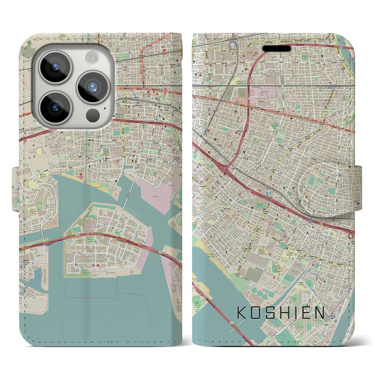 【甲子園】地図柄iPhoneケース（手帳両面タイプ・ナチュラル）iPhone 15 Pro 用