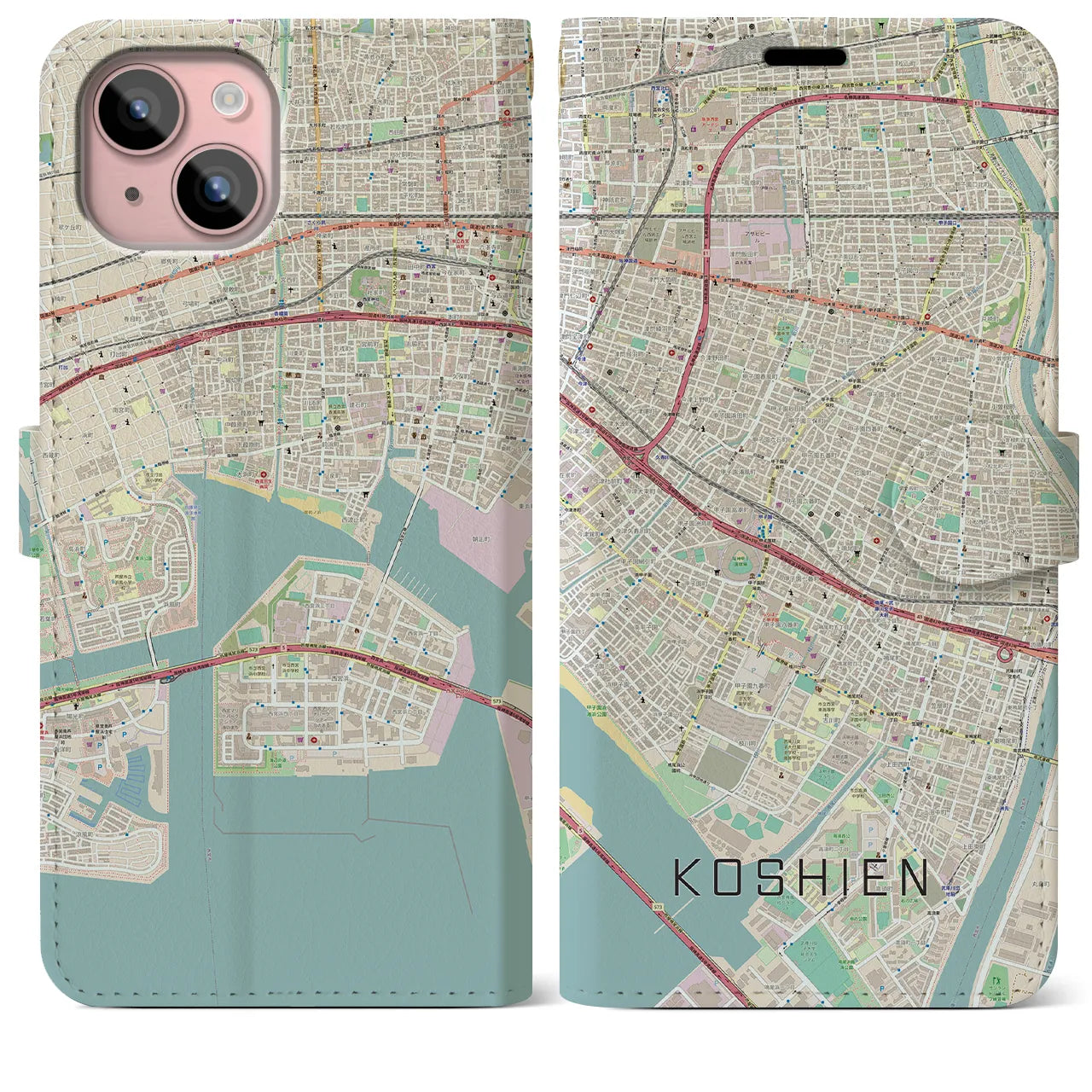 【甲子園】地図柄iPhoneケース（手帳両面タイプ・ナチュラル）iPhone 15 Plus 用