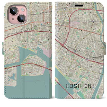 【甲子園（兵庫県）】地図柄iPhoneケース（手帳タイプ）ナチュラル・iPhone 15 Plus 用