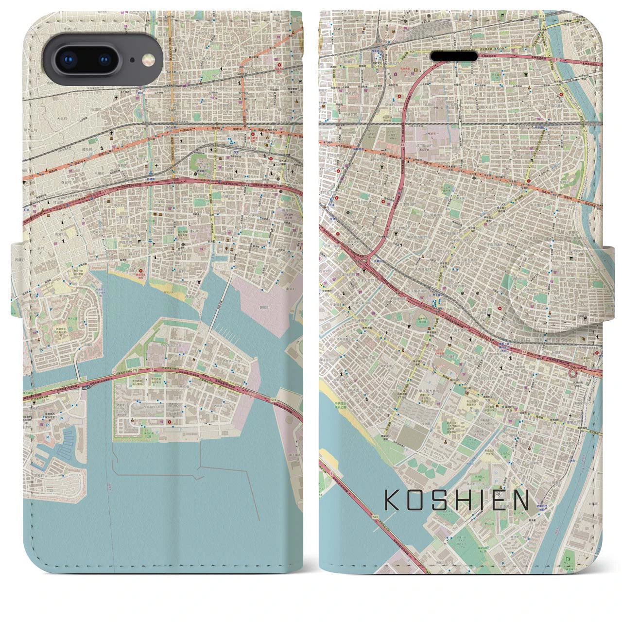 【甲子園】地図柄iPhoneケース（手帳両面タイプ・ナチュラル）iPhone 8Plus /7Plus / 6sPlus / 6Plus 用