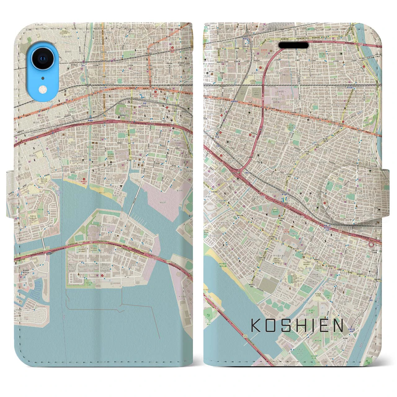 【甲子園】地図柄iPhoneケース（手帳両面タイプ・ナチュラル）iPhone XR 用