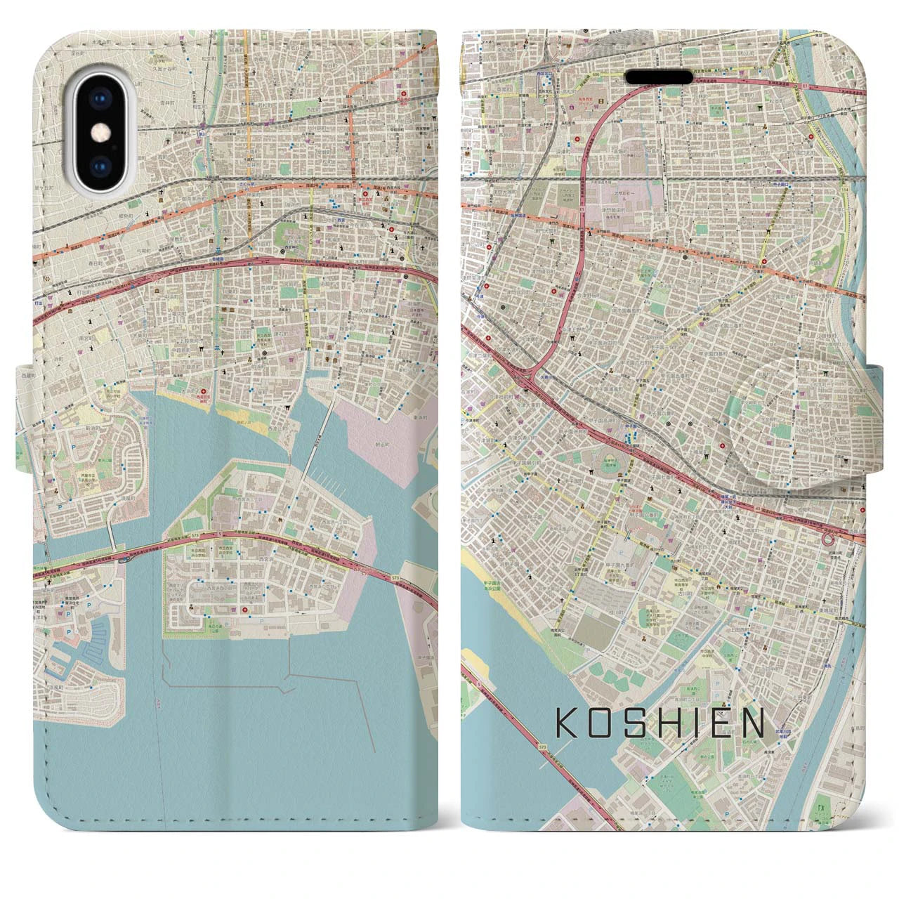 【甲子園】地図柄iPhoneケース（手帳両面タイプ・ナチュラル）iPhone XS Max 用