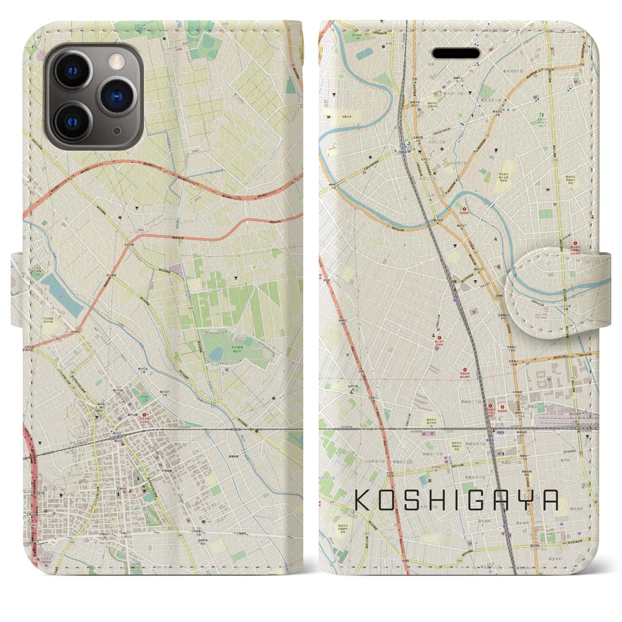 【越谷】地図柄iPhoneケース（手帳両面タイプ・ナチュラル）iPhone 11 Pro Max 用
