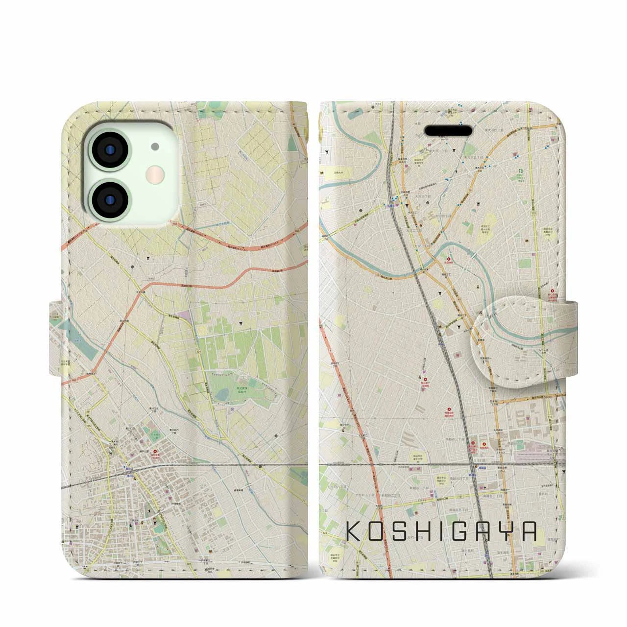 【越谷】地図柄iPhoneケース（手帳両面タイプ・ナチュラル）iPhone 12 mini 用