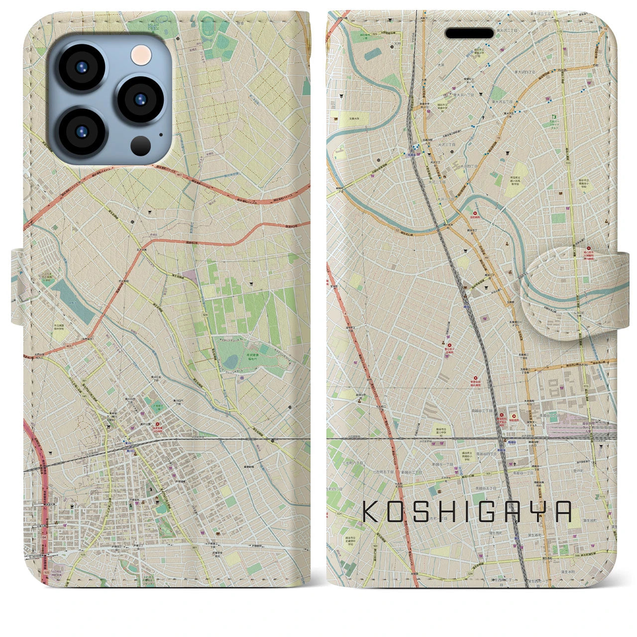 【越谷】地図柄iPhoneケース（手帳両面タイプ・ナチュラル）iPhone 13 Pro Max 用