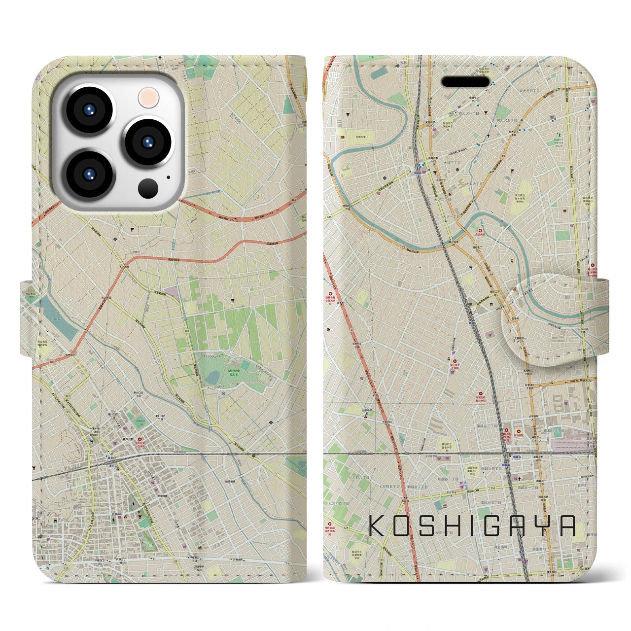 【越谷】地図柄iPhoneケース（手帳両面タイプ・ナチュラル）iPhone 13 Pro 用
