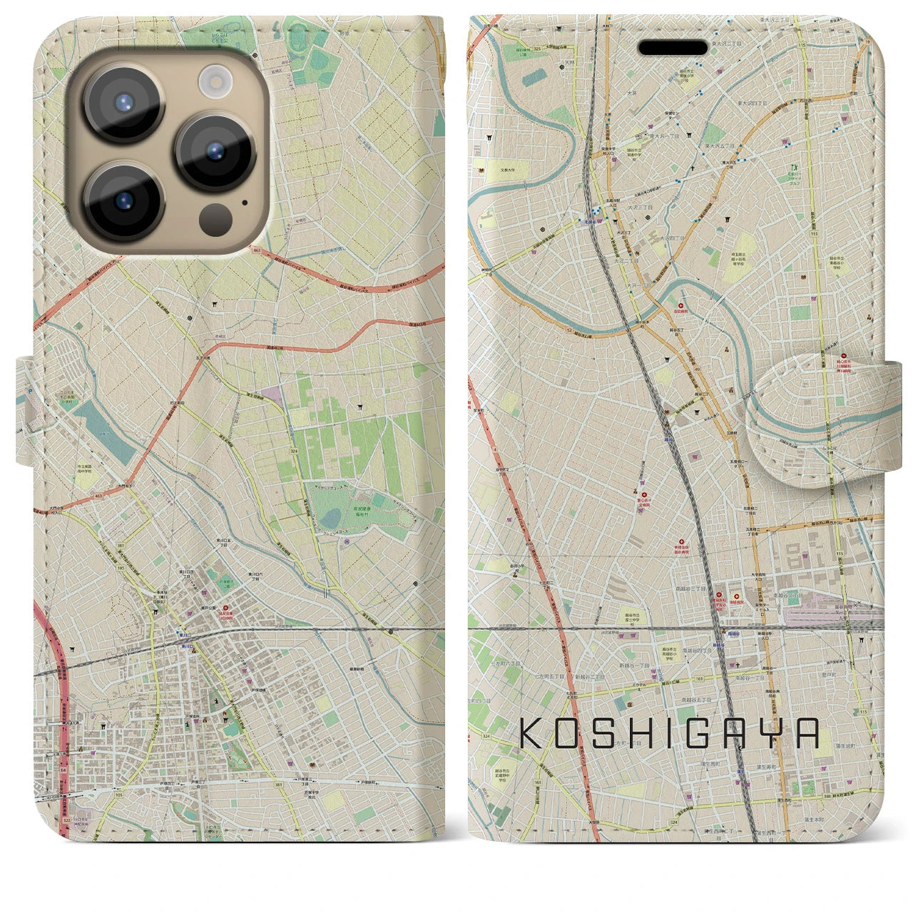 【越谷】地図柄iPhoneケース（手帳両面タイプ・ナチュラル）iPhone 14 Pro Max 用