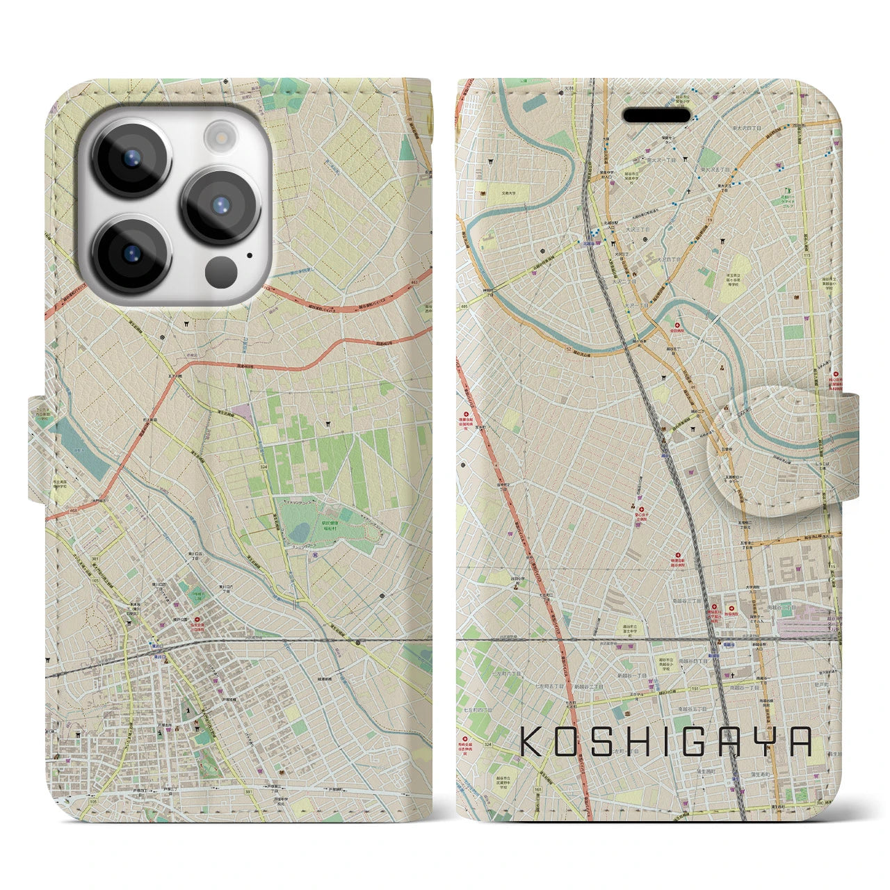 【越谷】地図柄iPhoneケース（手帳両面タイプ・ナチュラル）iPhone 14 Pro 用