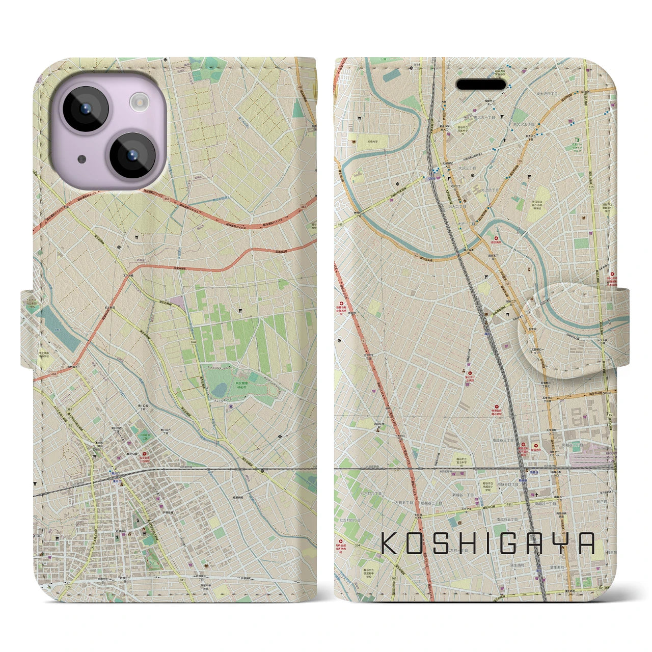 【越谷】地図柄iPhoneケース（手帳両面タイプ・ナチュラル）iPhone 14 用
